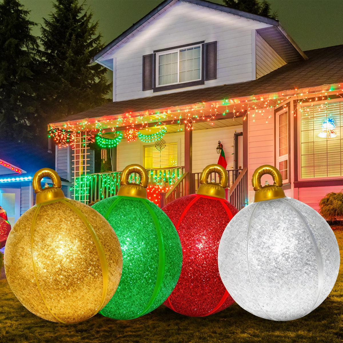 2 Pack 24 Inch Inflatable Christmas Balls, Giant Inflatable Ornaments Outdoor, Extra Large Outdoor Christmas Ornaments for Lawn, Porch, and Front Door (Red & Green)