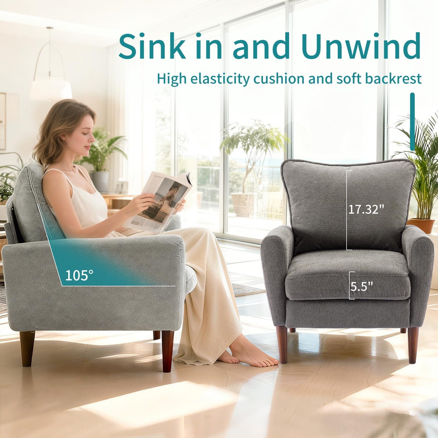OLIXIS Comfy Accent Chair for Living Room Bedroom and Waiting Room, Upholstered Mid-Century Reading Chair with Pillow and Solid Wood Legs, Wide Singe Modern Lounge Sofa, Gray