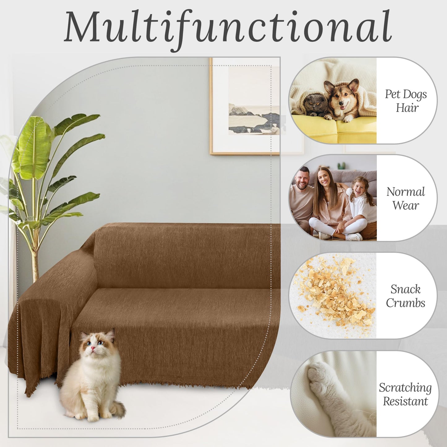 HDCAXKJ Corner Sectional Couch Covers for Dogs L Shape Sofa Cover with Tassel Chenille Super Soft Non Slip U Shaped Couch Cover Blanket Washable Sectional Slipcover Protector (Brown, 71x252 inch)