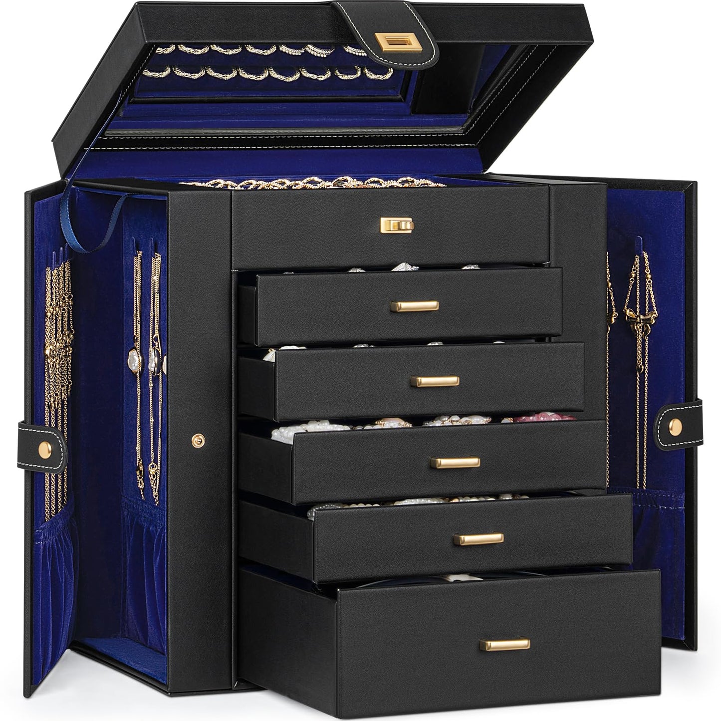AKOZLIN 6-Tier Jewelry Box Organizer Functional 5 Drawers Leather Jewelry Storage Case for Women Girls Ring Necklace Earring Bracelet Holder Organizer with Mirror Extra Large BlackBlue