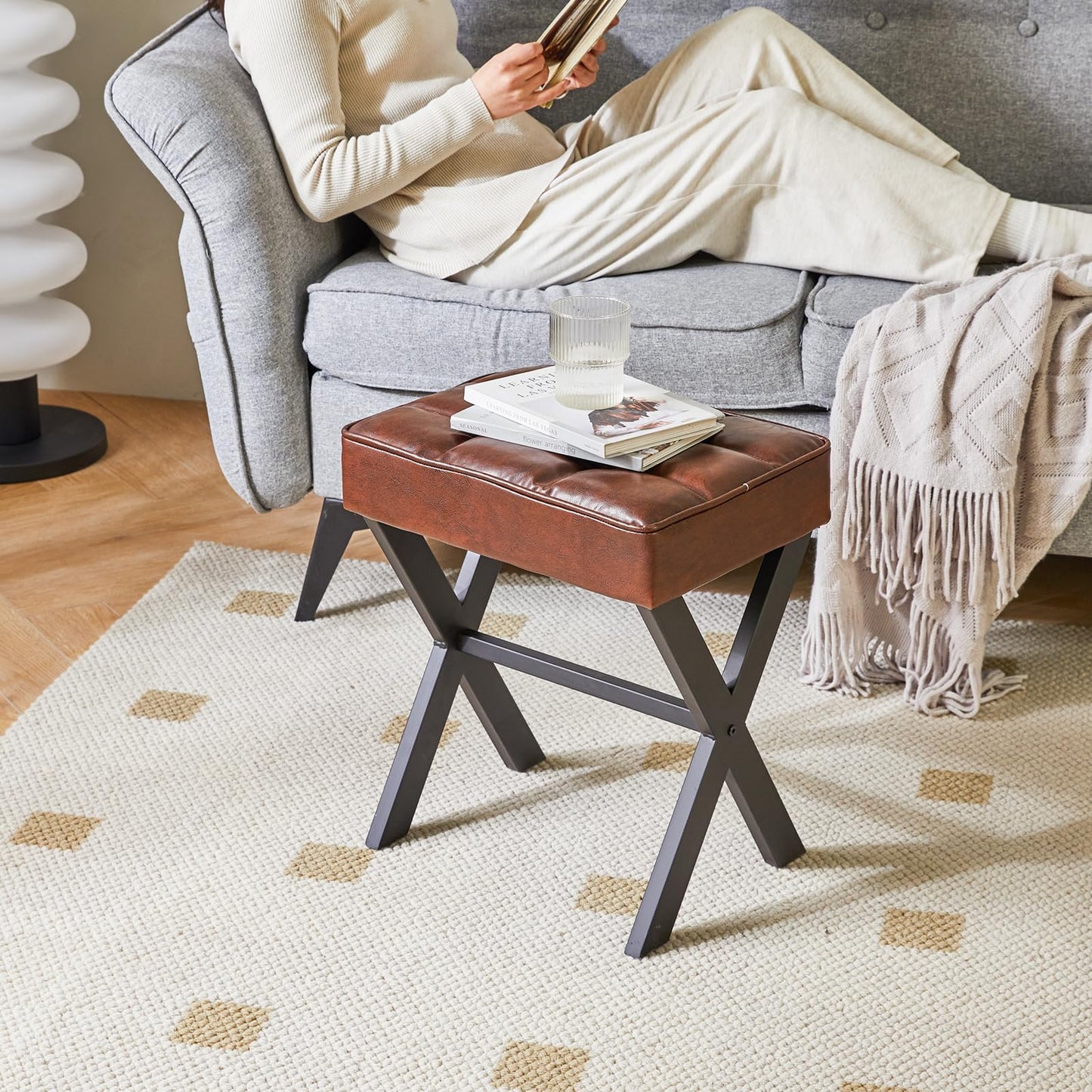 IBUYKE Square Makeup Stool with X-Leg Foot Rest, PU Footrest, Ottoman Seat, Multi-Use as Small Side Table, for Bedroom, Living Room, Light Brown LG-71J