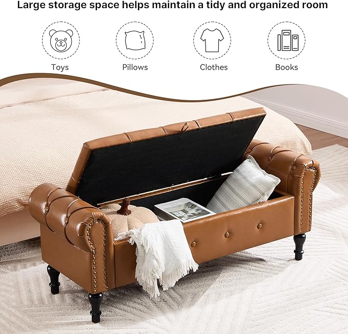 Storage Bench for Bedroom, Faux Leather 51" End of Bed Bench, Queen Size Bench