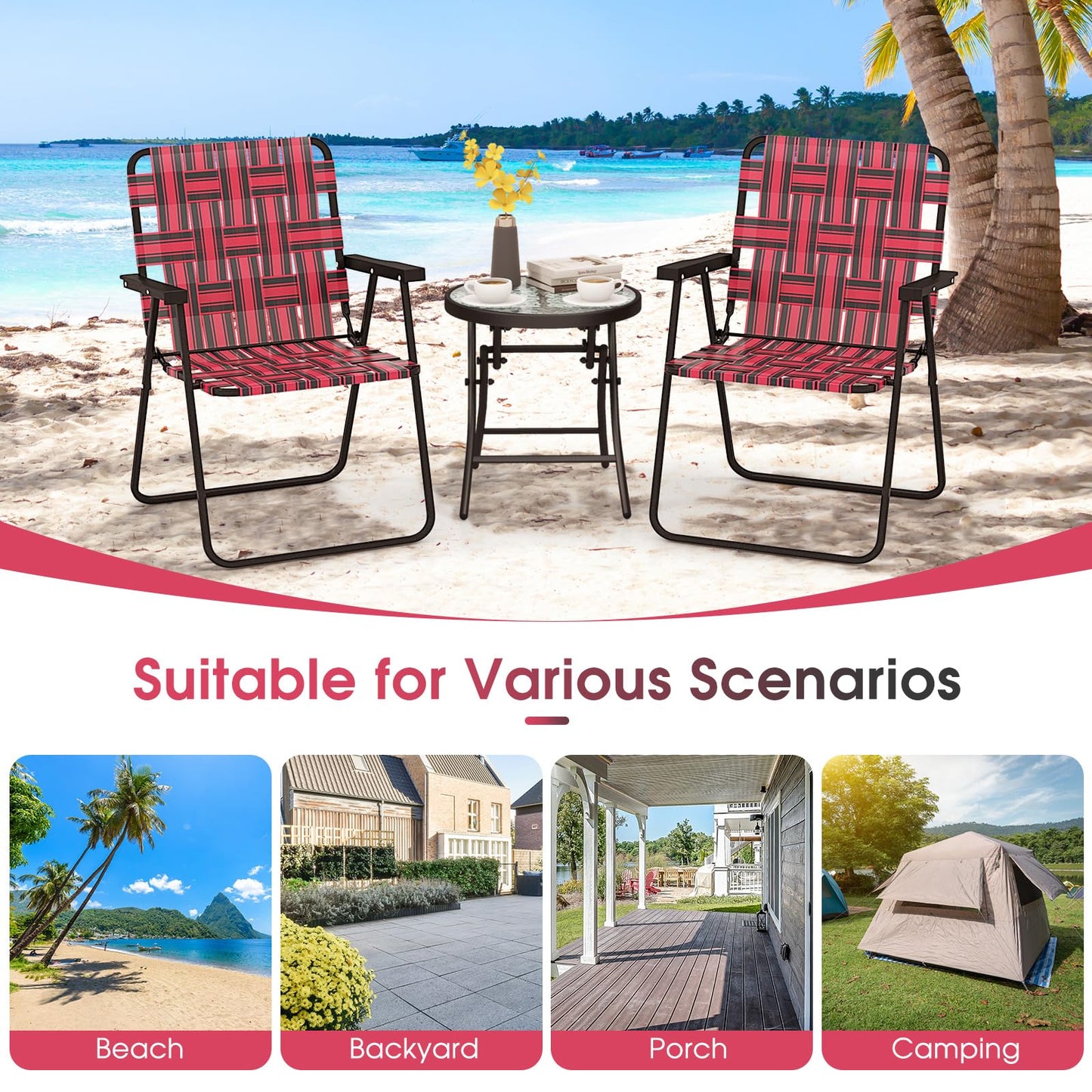 Giantex Beach Chairs Set of 6, Patio Folding Lawn Chairs for Adults, Outdoor Webbing Chair w/Steel Frame, Lightweight & Portable Camping Chairs for Fishing, Yard, Garden, Poolside Webbed Chairs, Red