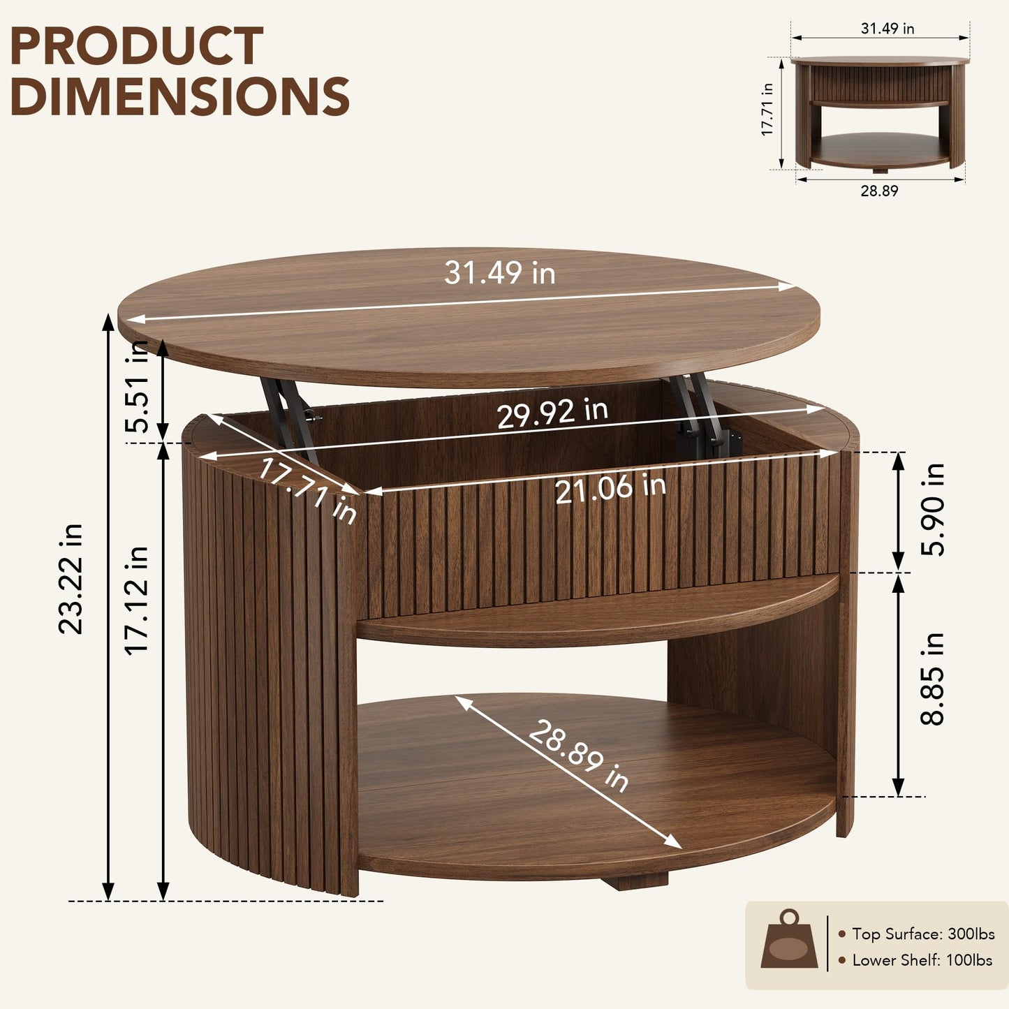 Decofy Round Lift Top Coffee Table with Storage, Fluted Mid-Century Modern Coffee Tables for Living Room, with Hidden Compartment & Open Shelves, for Small Spaces & Home Office(31.5" Walnut)