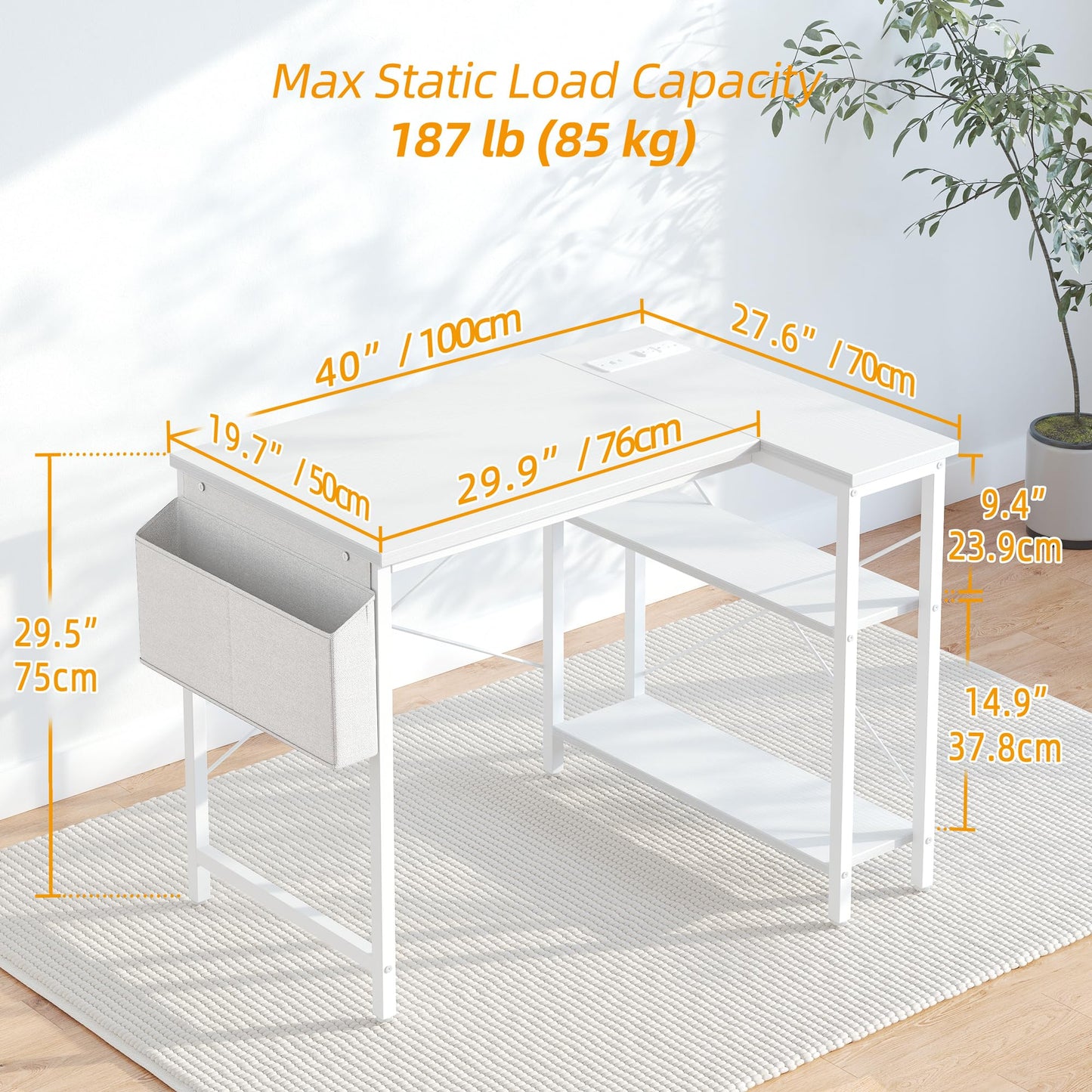 TIQLAB Small Computer Desk with Power Outlets, 40 Inch L Shaped Desk with Reversible Shelves, Gaming Desk Corner Desk Study Writing Desk for Home Office Bedroom Small Space, White