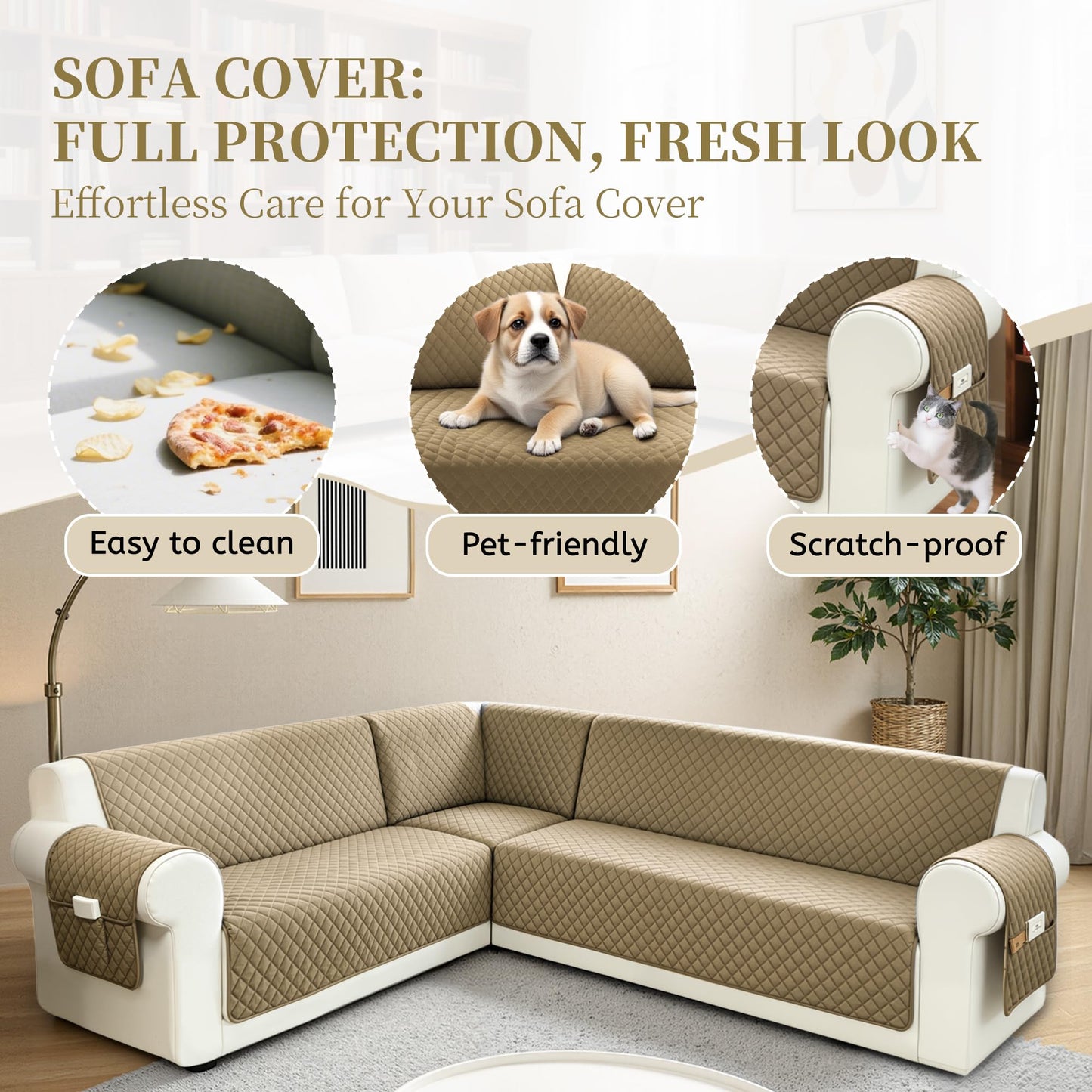 SYJOVIA Sectional Couch Covers for Dogs 100% Waterproof Corner L Shaped Sofa Cover Pet Friendly Velvet Washable Anti Slip L Shape Modular Sofa Slipcover Protector with Pockets (Camel, X-Large)
