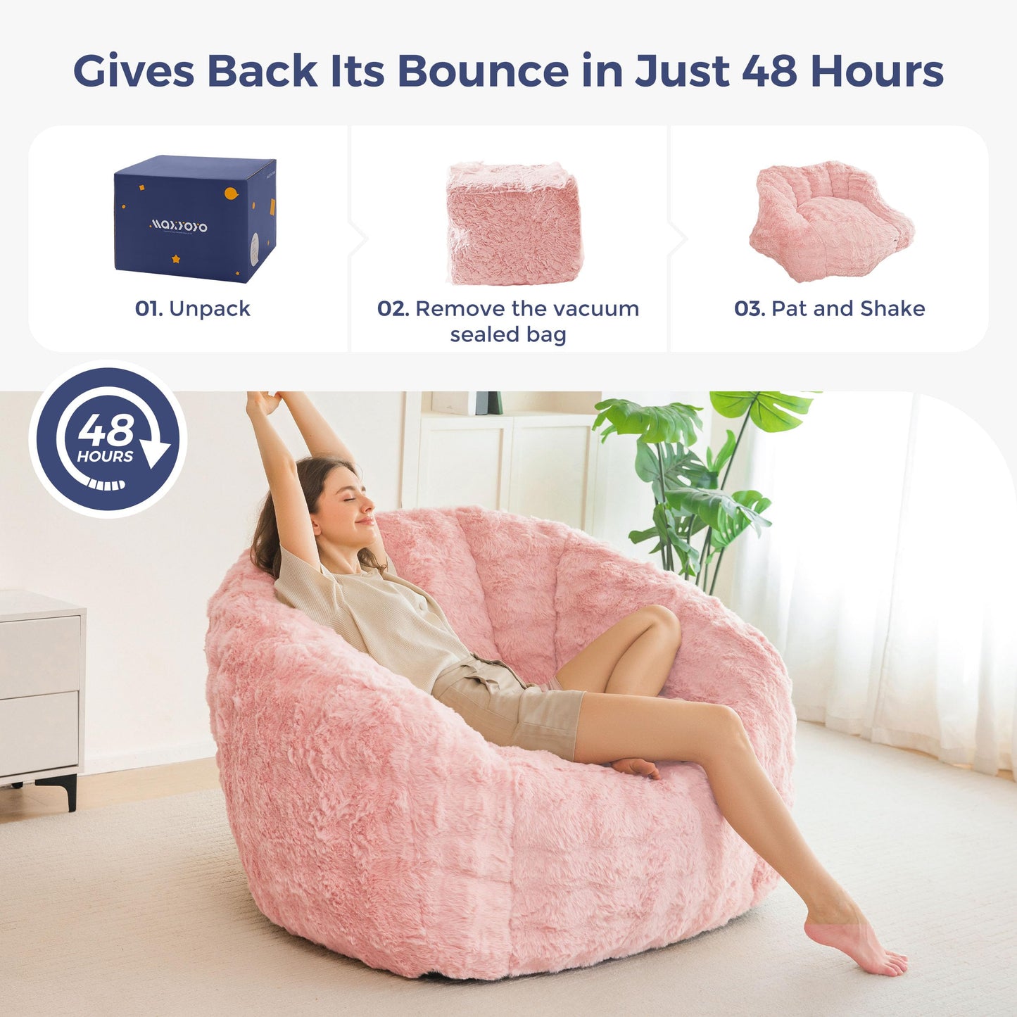 MAXYOYO Giant Bean Bag Chair for Adults, Stuffed Shell-Shaped Large Bean Bag Couch, Cozy Living Room Chair with Filler, Lazy Floor Sofa for Bedroom Living Room, Pale Pink