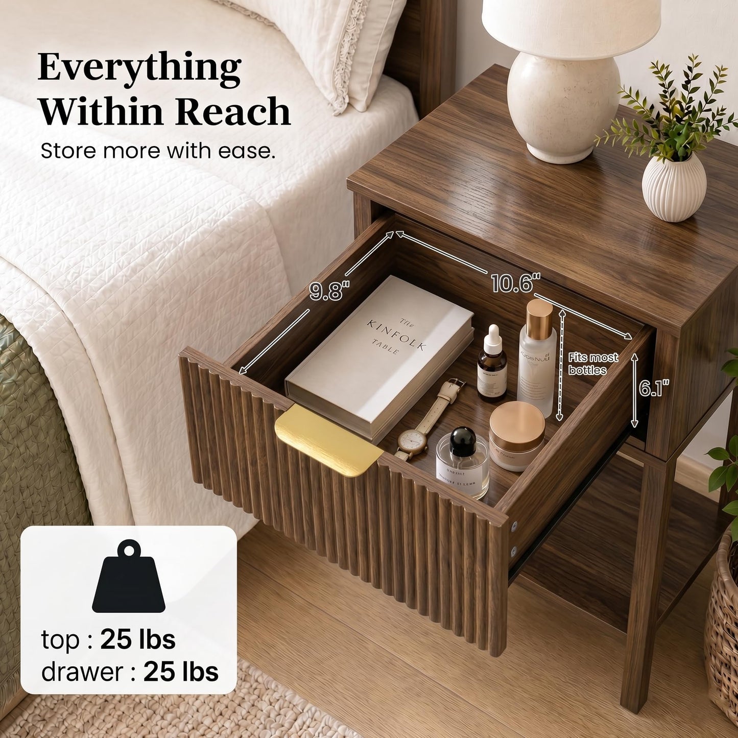 RIHHA Modern Fluted Small Wood Nightstand, 11.8" Deep x 15.4" Narrow Bedside Table with Drawer & Open Shelf, Mid-Century Rustic Accent End Table for Bedroom & Sofa - Walnut
