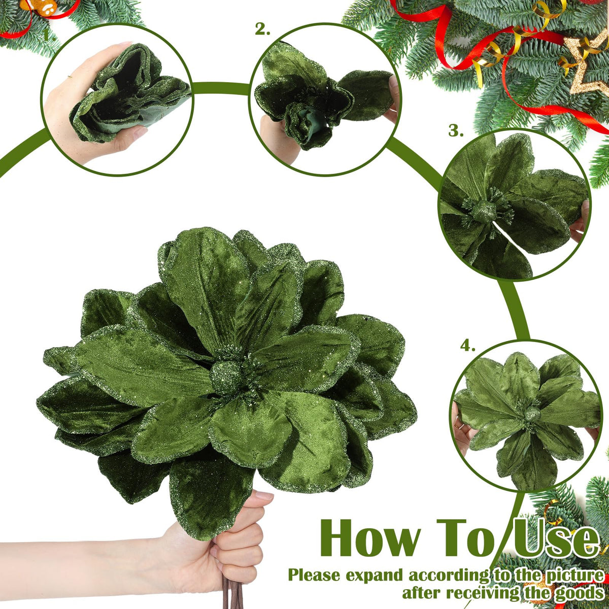 Thiccywoov 8 Pcs Large 12'' Christmas Flower Forest Green Magnolia Flowers Christmas Tree Decoration Artificial Poinsettia Stems Velvet Xmas Ornaments for Xmas Tree Table Decor