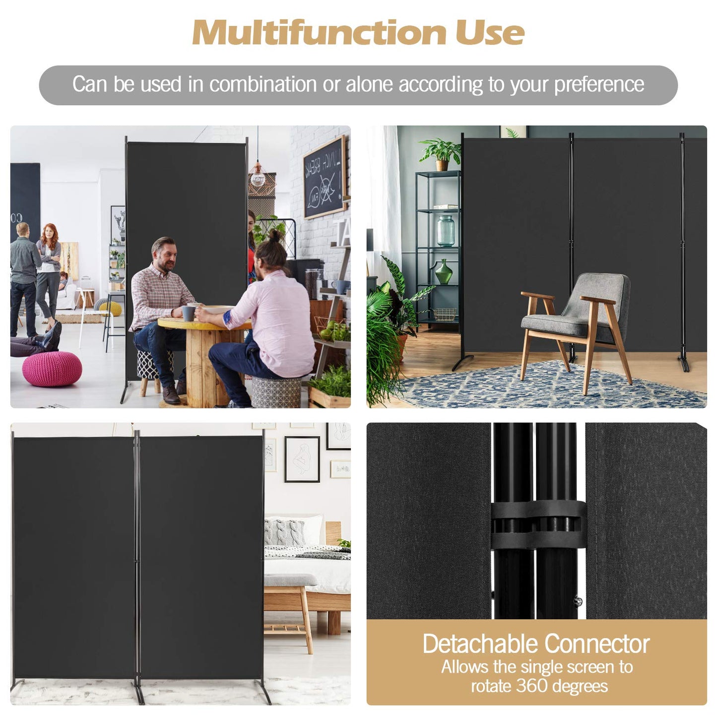 Giantex 6 Ft Tall 3 Panel Room Divider Black, Lightweight Portable Folding Privacy Screen, Freestanding Partition Wall Divider and Separator for Bedroom Home Office Apartment Studio