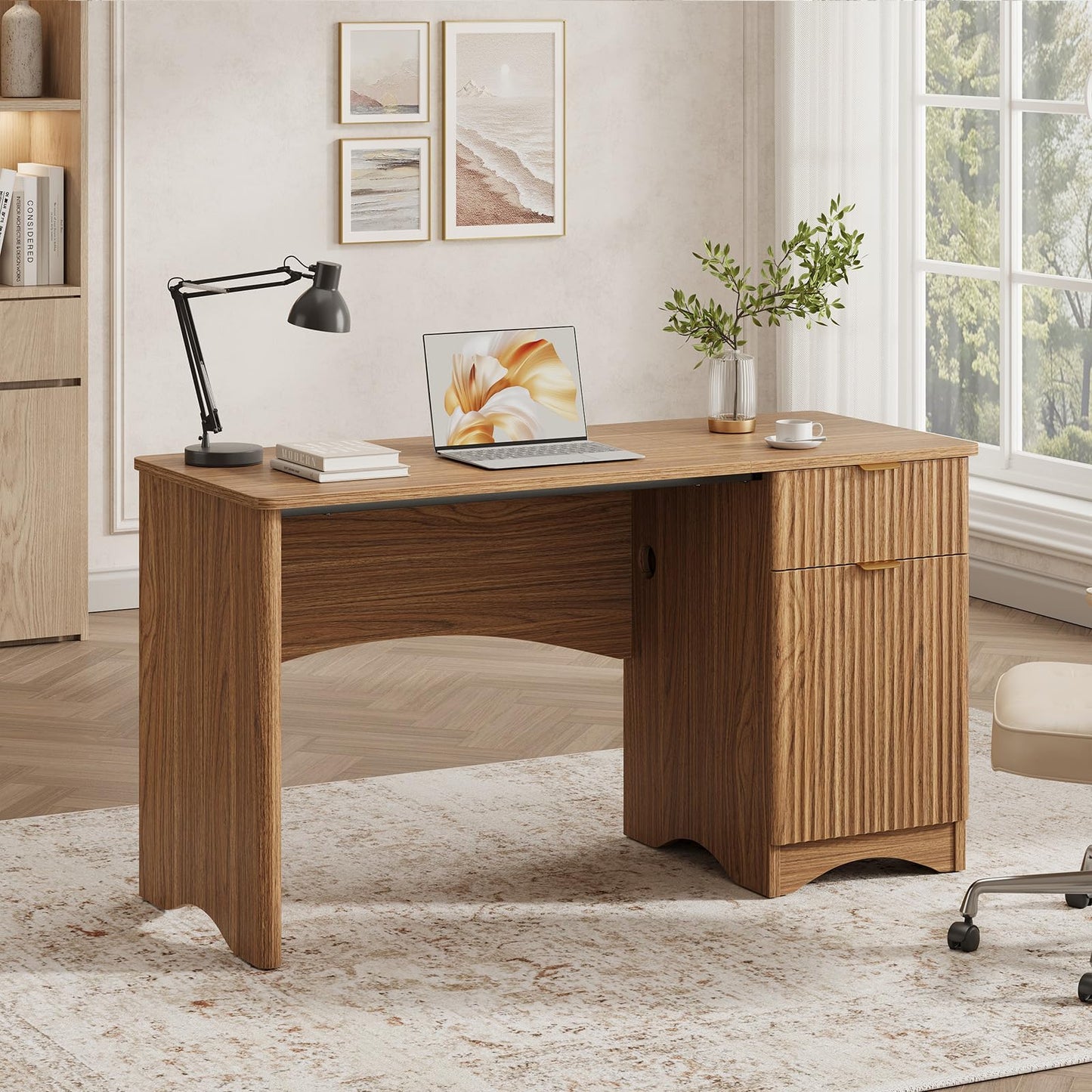 Bestier Computer Desk with Drawer, 47 inch Office Desk with Storage Cabinet, Modern Wood Desk Adjustable Shelves for Home Office & Studio, Brown Oak