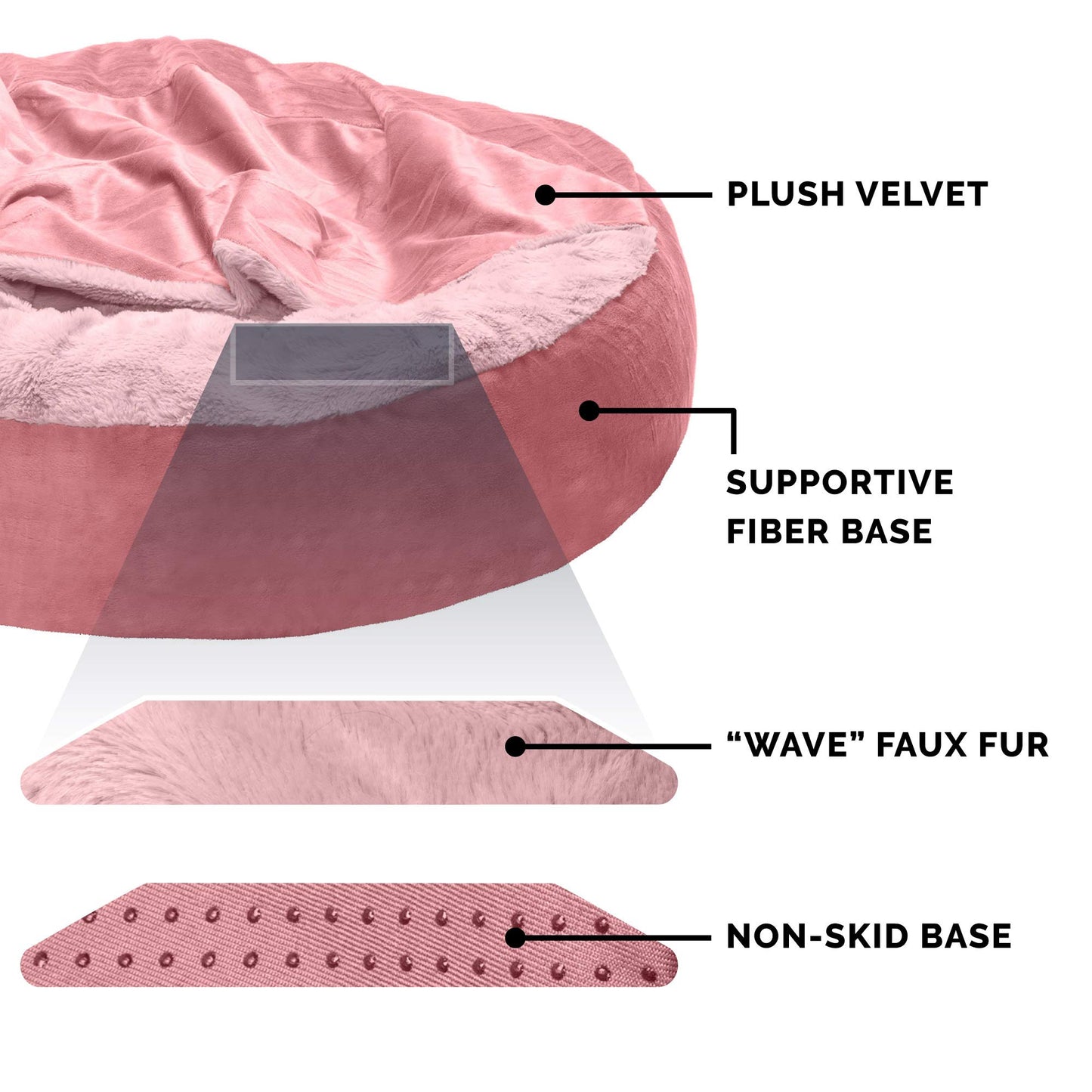 Furhaven 24" Round Calming Donut Dog Bed for Indoor Cats & Small Dogs, Washable, For Dogs Up to 20 lbs - Plush Velvet Waves Hooded Donut Bed - Rose Pink, Small
