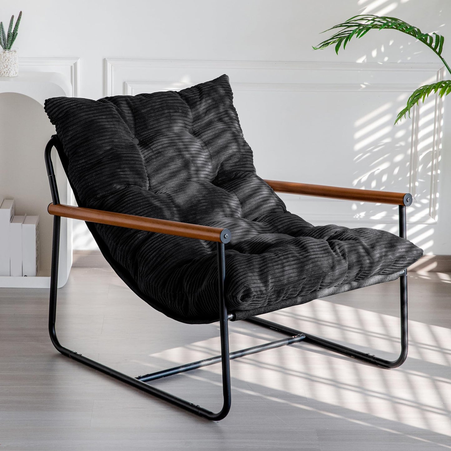 MAXYOYO Modern Accent Chair, Comfy Living Room Chair with Metal Frame Wooden Armrest, Upholstered Armchair with Soft Cushion for Bedroom Balcony Lounge Reading Room, Black