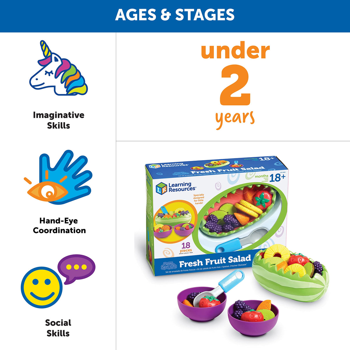 Learning Resources New Sprouts Fresh Fruit Salad - Realistic Play Food for Toddlers 1-3, Preschool Learning Toys, Toddler Pretend Play Food for Kids Kitchen Sets, Plastic Fruit Toys, Toy Foods