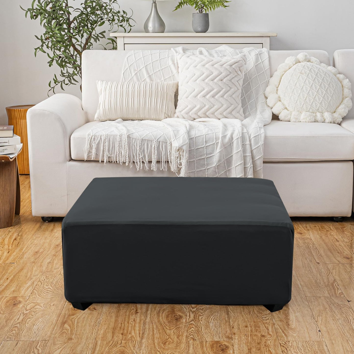 UOIJAY Super Stretch Ottoman Cover- Soft Form Fit Ottoman Cover Rectangular Ottoman Slipcovers for Folding Storage Furniture, Footstool Cover with Nonslip Elastic Bottom (Large, Dark Gray)