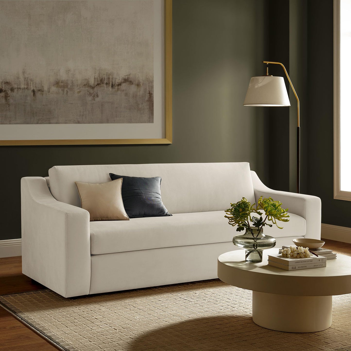 Modway Liora 87 Inch Stain-Resistant Performance Velvet Sofa in Alabaster - 3 Seater Upholstered Sofa Couch for Living Room Seating - Comfy Deep Seat Sofa with Scoop Arms