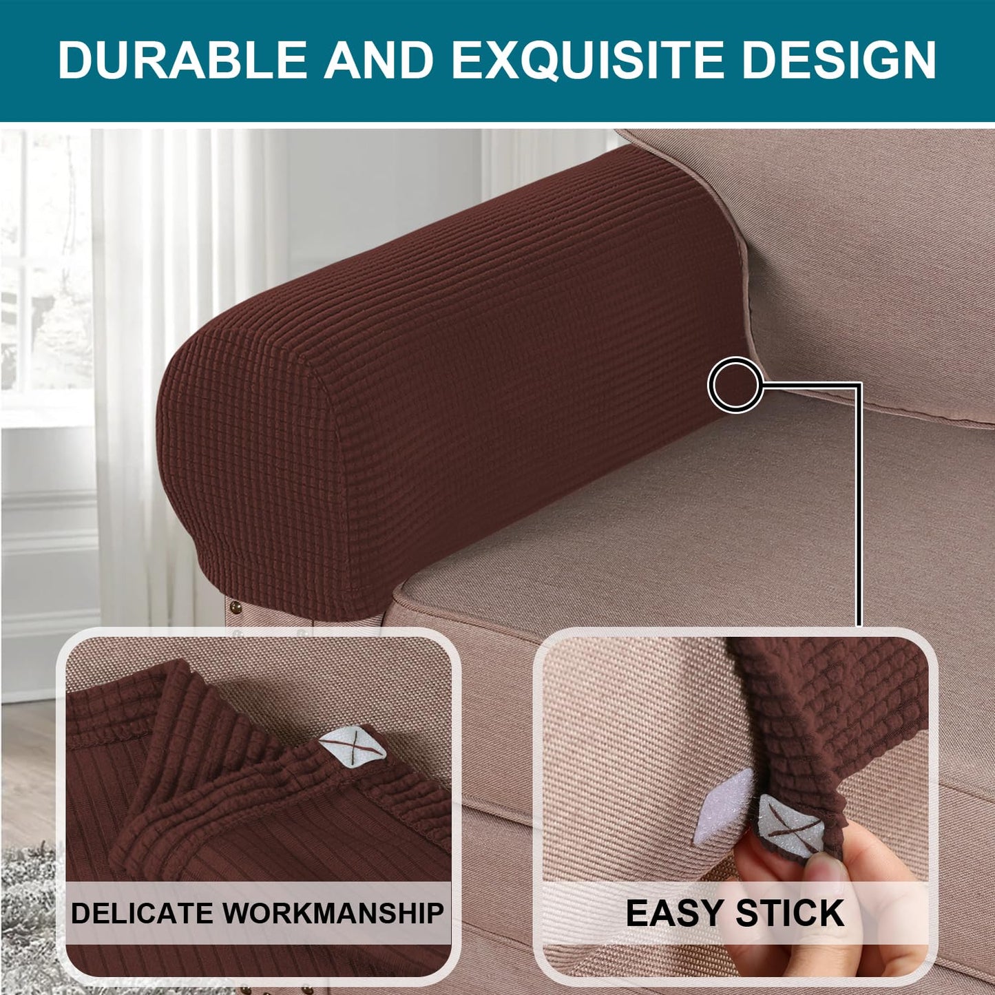 Turquoize Stretch Armrest Covers for Chairs and Sofas Couch Arm Covers for Sofa Spandex Jacquard Armrest Cover Anti-Slip Furniture Protector Armchair Slipcovers for Recliner Set of 2, Burnt Brick