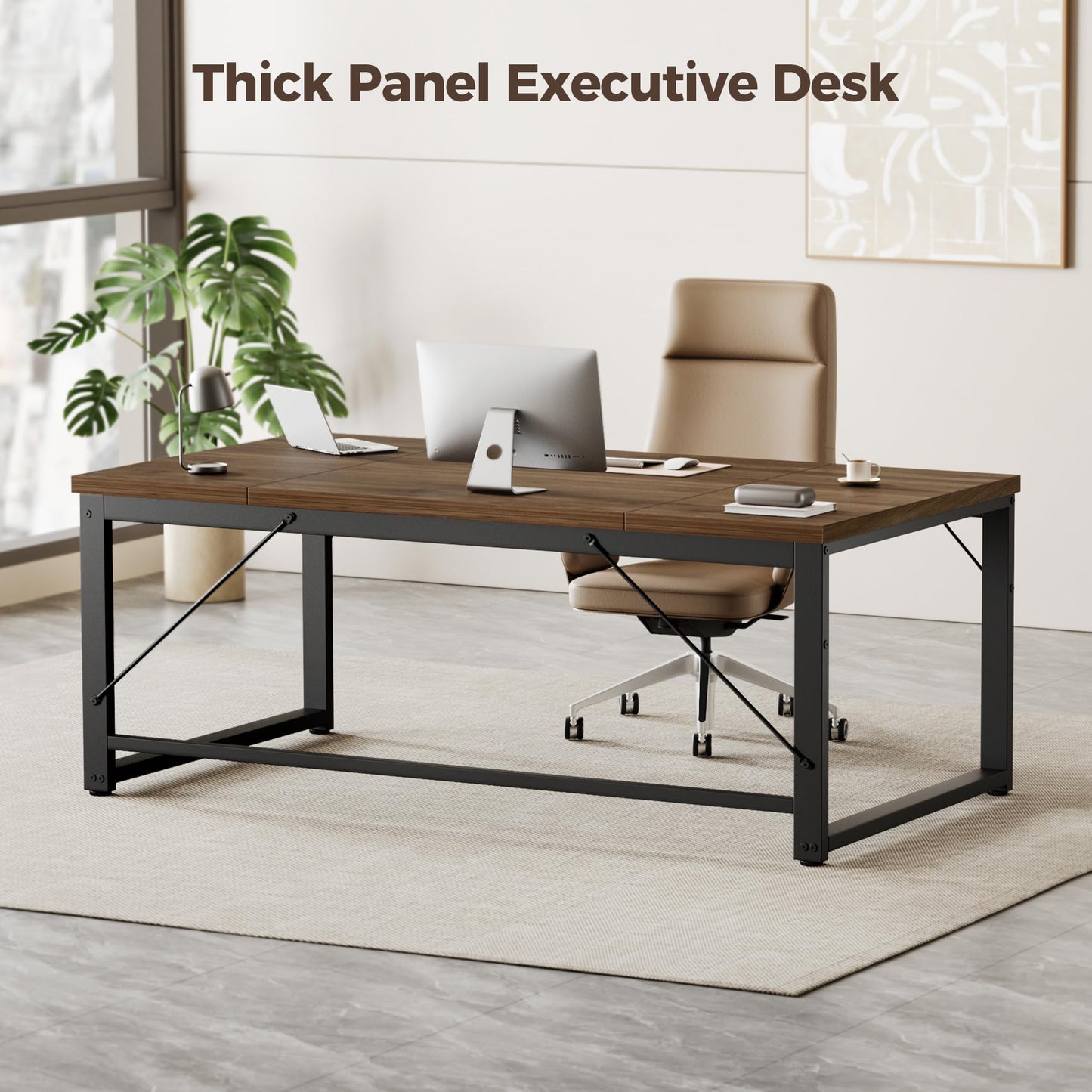 Mericonia 63 Inch Large Computer Desk, 1" Thick Heavy Duty Industrial Office Desk, Modern Simple Study Writing Table for Home Office Bedroom Workstation, Walnut