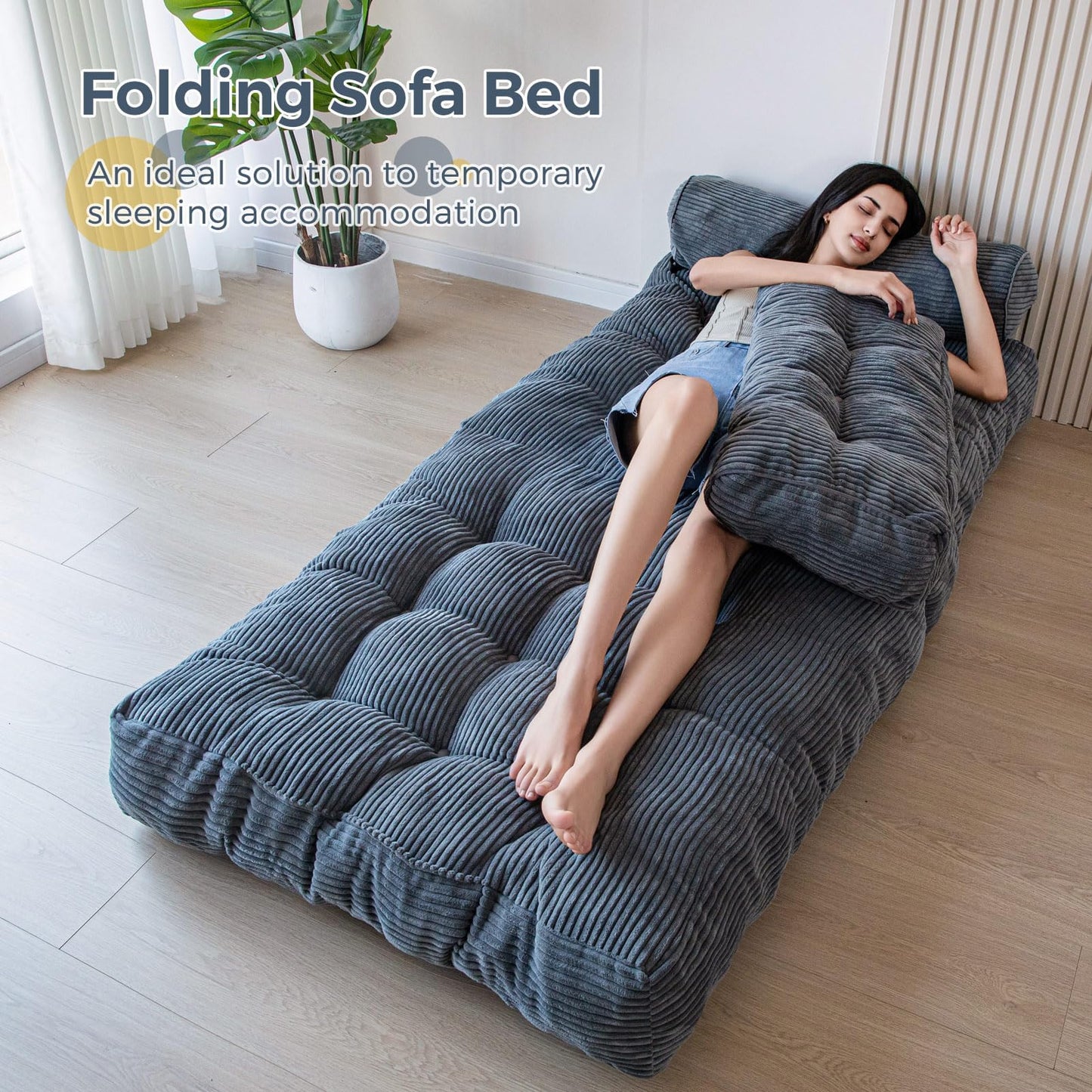 MAXYOYO Folding Sofa Bed, Convertible Chair with Pillow Foldable Couch with Back Support, Portable Fold Out Chair Bed Comfy Floor Sofa Lounge for Living Room Bedroom, Dark Grey, Single