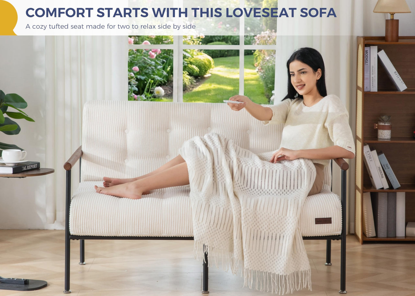 MAXYOYO Loveseat Sofa, Button Tufted Upholstered Small Couch for Living Room, Modern Love Seat Couches with Metal Frame & Wood Armrests for Bedroom Office, Easy to Install, Beige