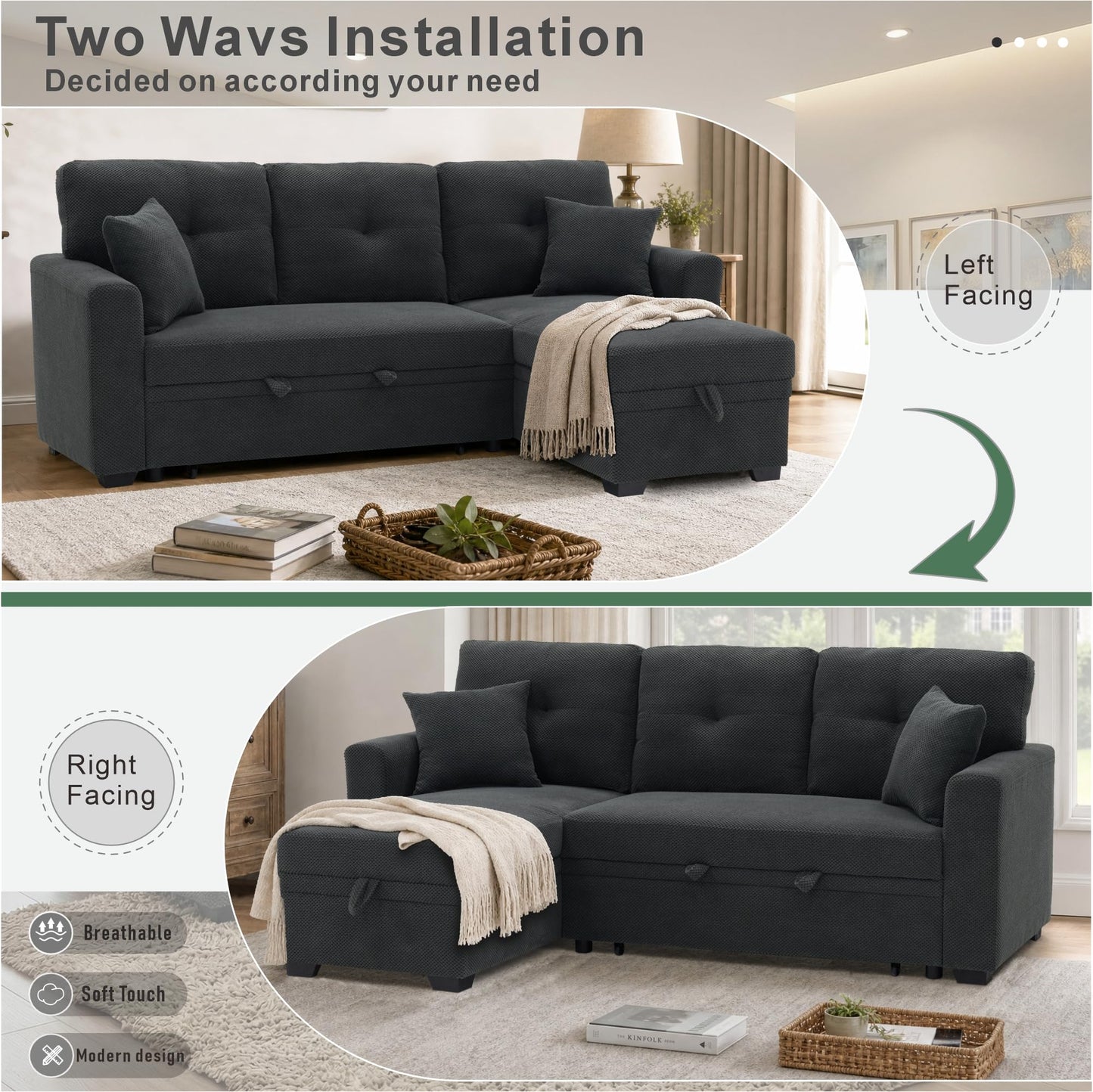 WuerQi 71" Sofa Bed with Queen Size Pull Out Couch, Sectional Sleeper Sofa with Reversible Storage Chaise, L Shaped Couch for Living Room, Apartment and Small Spaces (Dark Gray-L Shaped)
