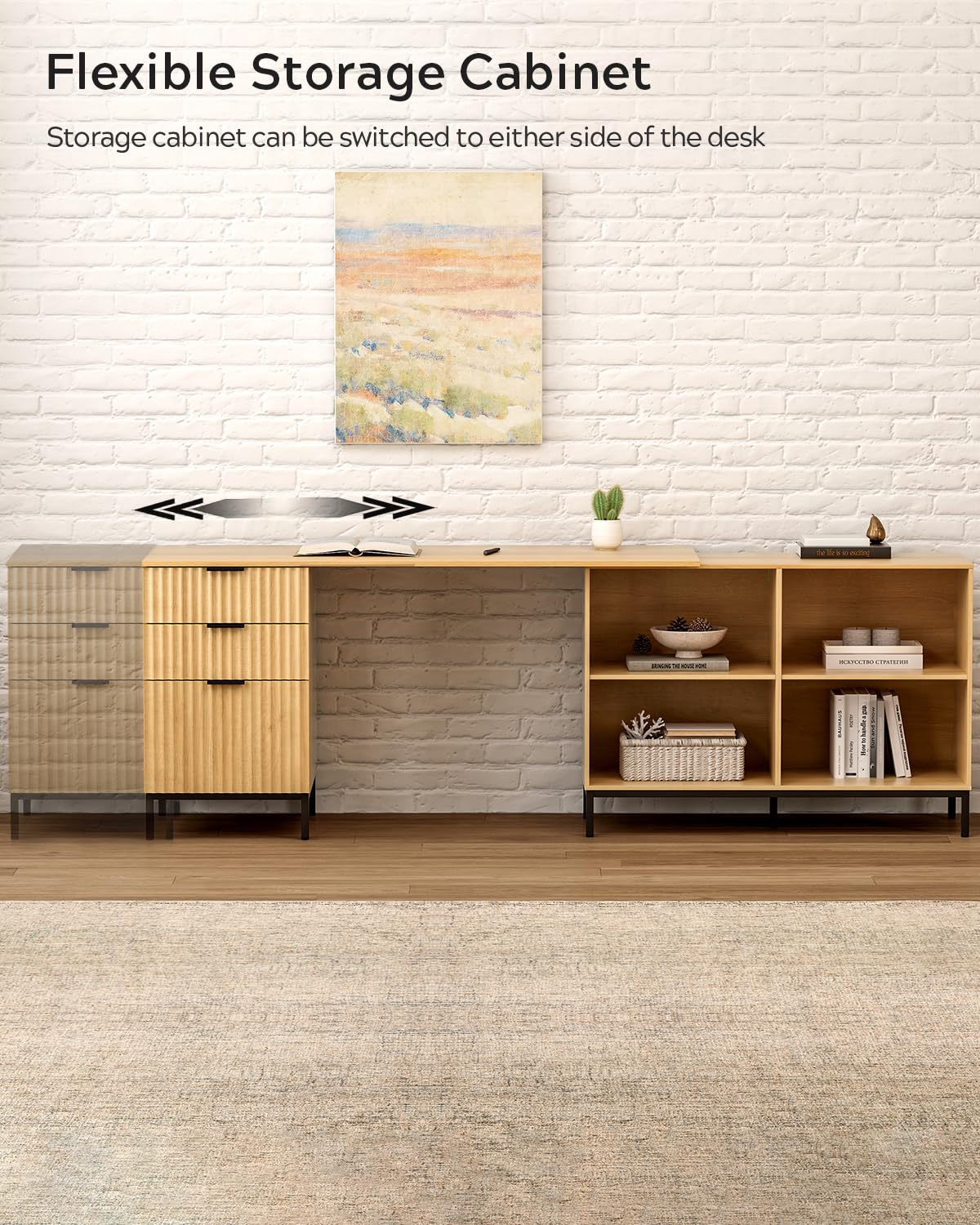 EYYTHUNG L Executive Desk with Storage Cabinet, 60" Fluted Modern Flexible Home Office Desk, Large Wood Convertible Computer Standing Up Desk with File Drawer, Writing Desk Natural Oak