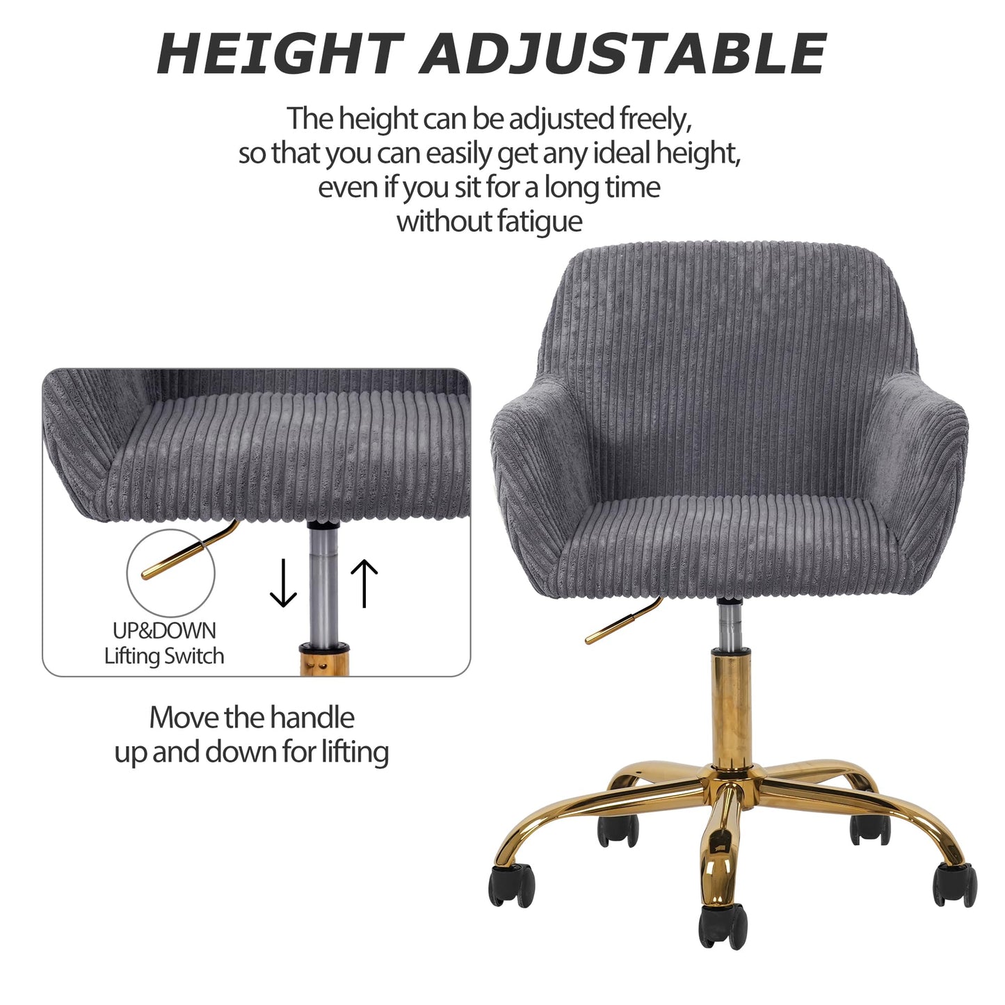 KCC Corduroy Fabric Vanity Makeup Desk Chair, Fluffy Swivel Modern Armchair with Wheels, Upholstered Fuzzy Height Adjustable for Girls Home Office, Gray