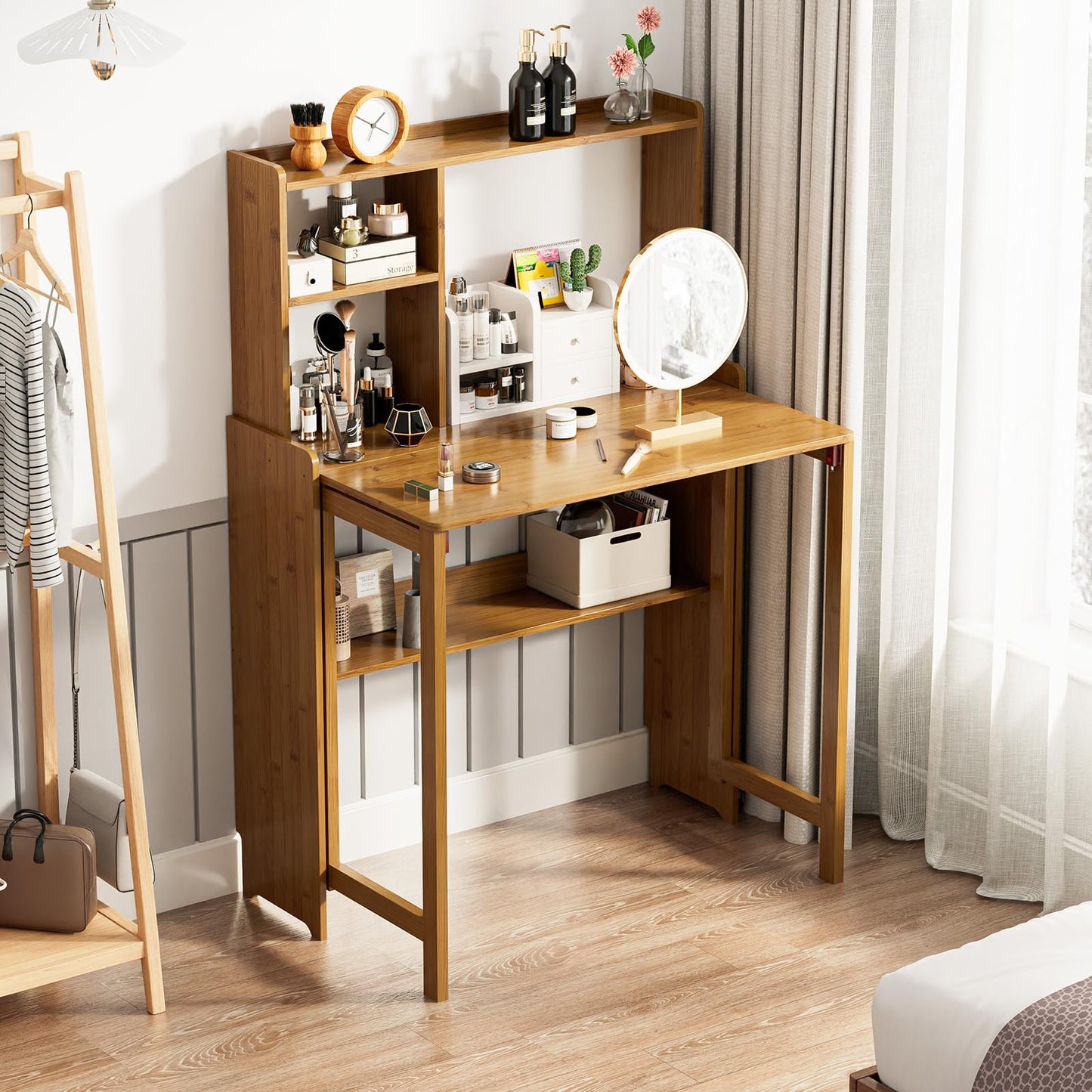 Usofhaus Bamboo Folding Desk with Bookshelf, Compact Computer Desk with Hutch for Small Spaces, Foldable Desk with Storage Shelf, Space-Saving Home Office Desk for Bedroom, Dorm, Apartment,Brown