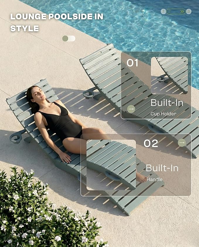 Folding HDPE Pool Lounge Chairs Set of 6, Pre-Assembled Outdoor Chaise Lounge