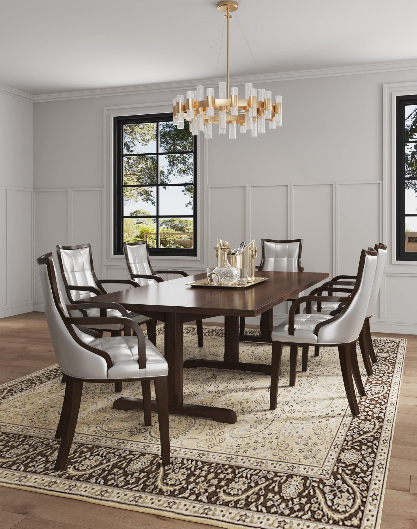 Manhattan Comfort Fifth Avenue Faux Leather Dining Chair with Arms, Padded Wingback Seat, Fine Rectangular Stitching and Solid Wood Frame, Set of 1, Silver