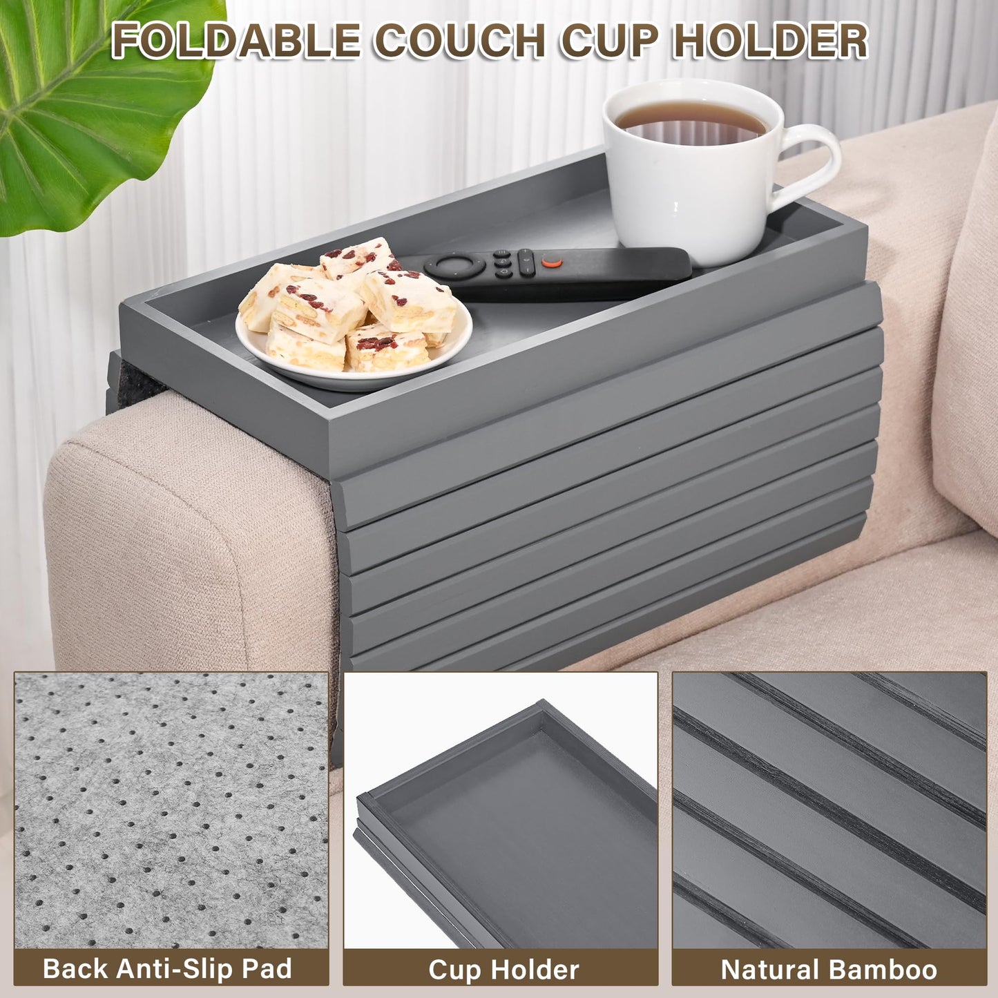 YUBAMIN Bamboo Sofa Arm Tray, Anti-Dropping Couch Arm Tray, Foldable Sofa Armrest Tray Couch Arm Table for Eats, Drinks, Snacks, Remote, Cellphone, Cup Holder, Back Anti-Slip Pad Design