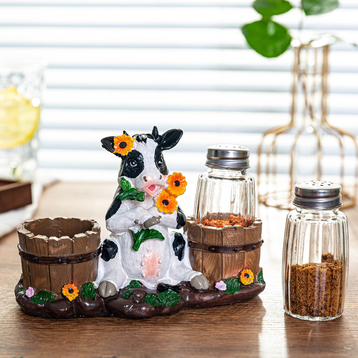 Rustic Farm Cow Salt and Pepper Shaker Holder with Glass Jars