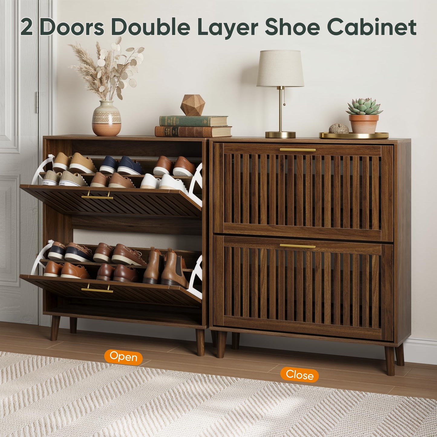 Smart FENDEE 31.5" W Shoe Cabinet Storage for Entryway with 2 Flip Drawers, Shoe Cabinet with Slatted Panel, Hidden Shoe Rack Freestanding Slim Shoes Organizer for Hallway, Entrance, Walnut