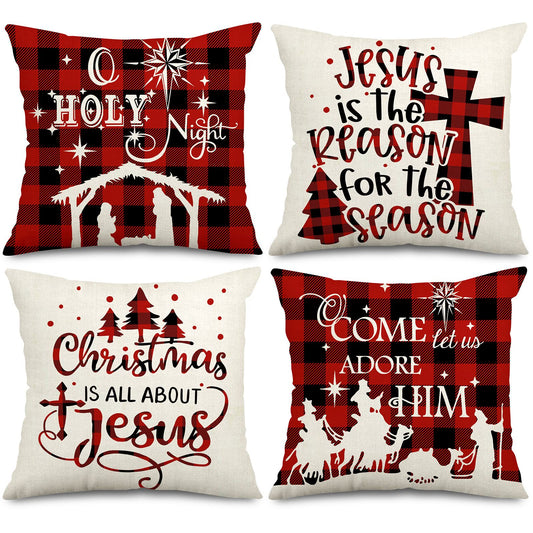 AnyDesign Christmas Pillow Cover 18 x 18 Inch Red Black Buffalo Check Plaids Holy Night Throw Pillow Case Decorative Cushion Cover Case for Farmhouse Home Couch Sofa, Set of 4