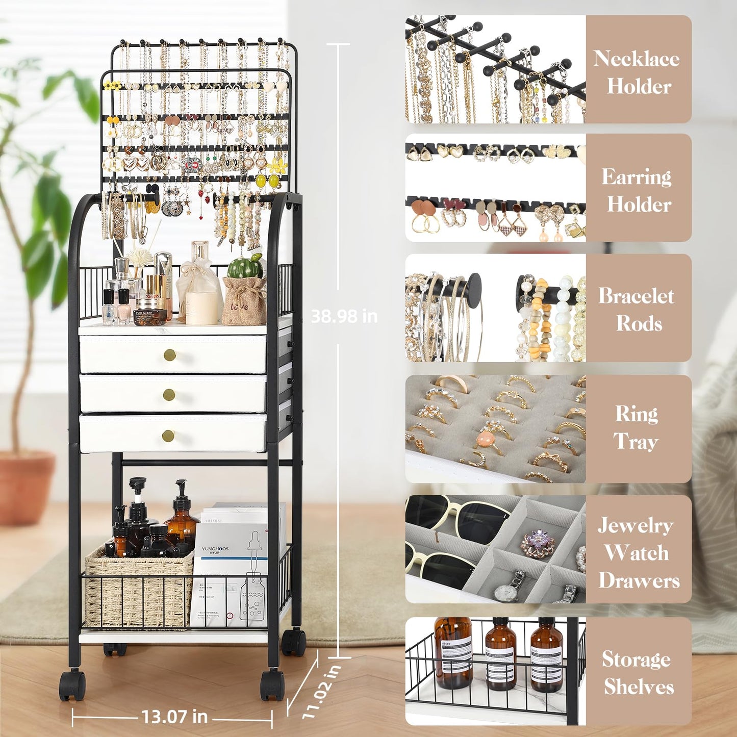 Keebofly Large Jewelry Organizer Stand with 3 Drawers, Floor Display Holder with Necklace, Earring, Bracelet, Ring Storage — Rolling Armoire Tower for Bedroom or Closet (Black)