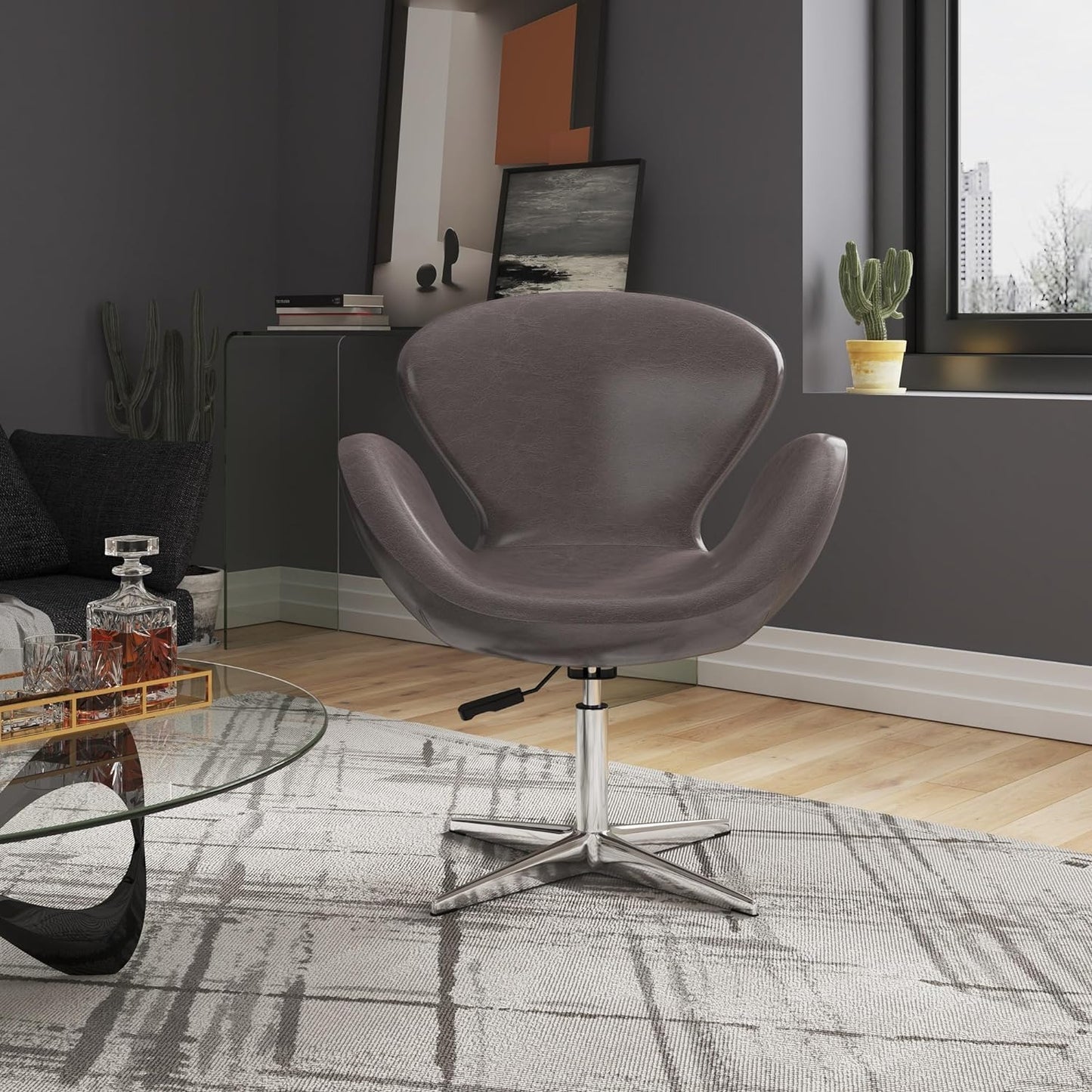 Manhattan Comfort Raspberry Adjustable Swivel Accent Chair Set of 2 with 360° Turn, Polished Chrome Base, Modern Retro Design, Ideal for Living Room and Home Office, Pebble Faux Leather