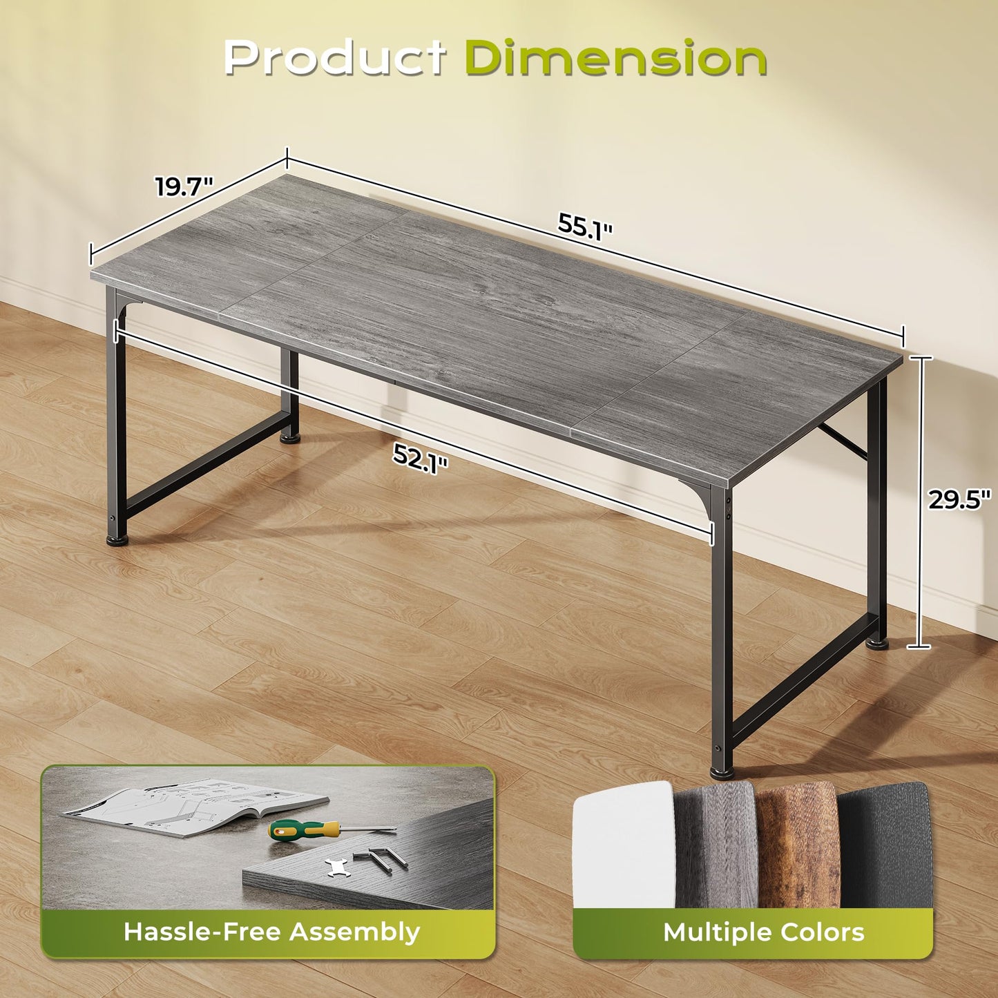 PRAISUN 55 Inch Computer Desk, Home Office Desk with Spacious Desktop, Modern Gaming Desk, Writing Study Table for Bedroom, Small Spaces, Work from Home Desk with Metal Frame, Grey