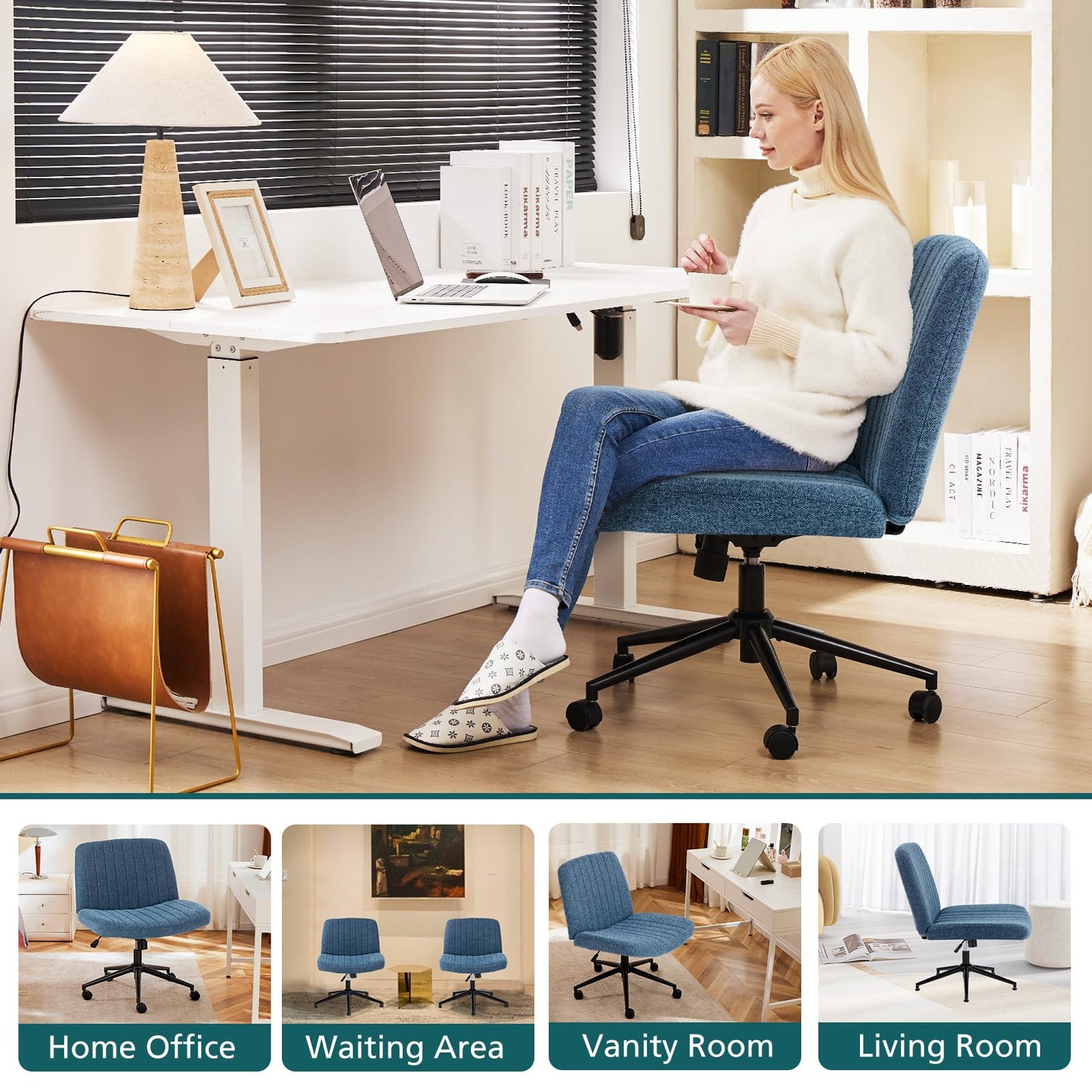 OLIXIS Criss Cross Chair with Wheels Wide Cross Legged Office Desk Vanity Chair Comfy Fabric Armless Height Adjustable Swivel for Home Computer Task Blue