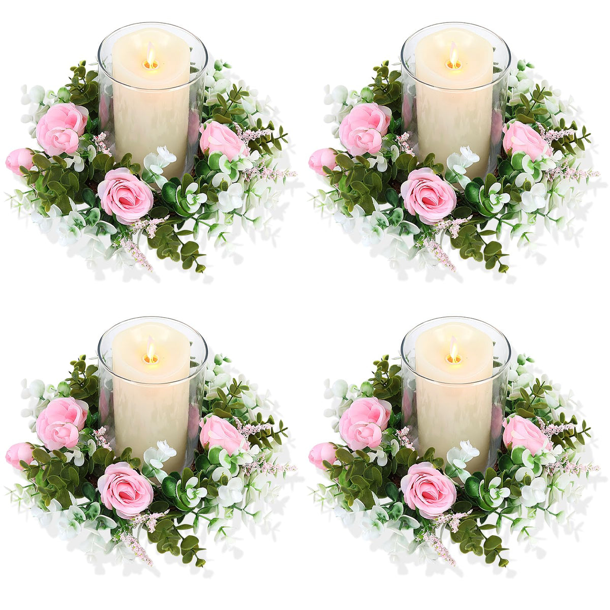 Acmee 4 Pcs Rose Candle Rings - Artificial Pink Floral Wreaths with Eucalyptus Leaves Greenery Garland for Pillar Candleholders Wedding Centerpiece Party Home Table Decor