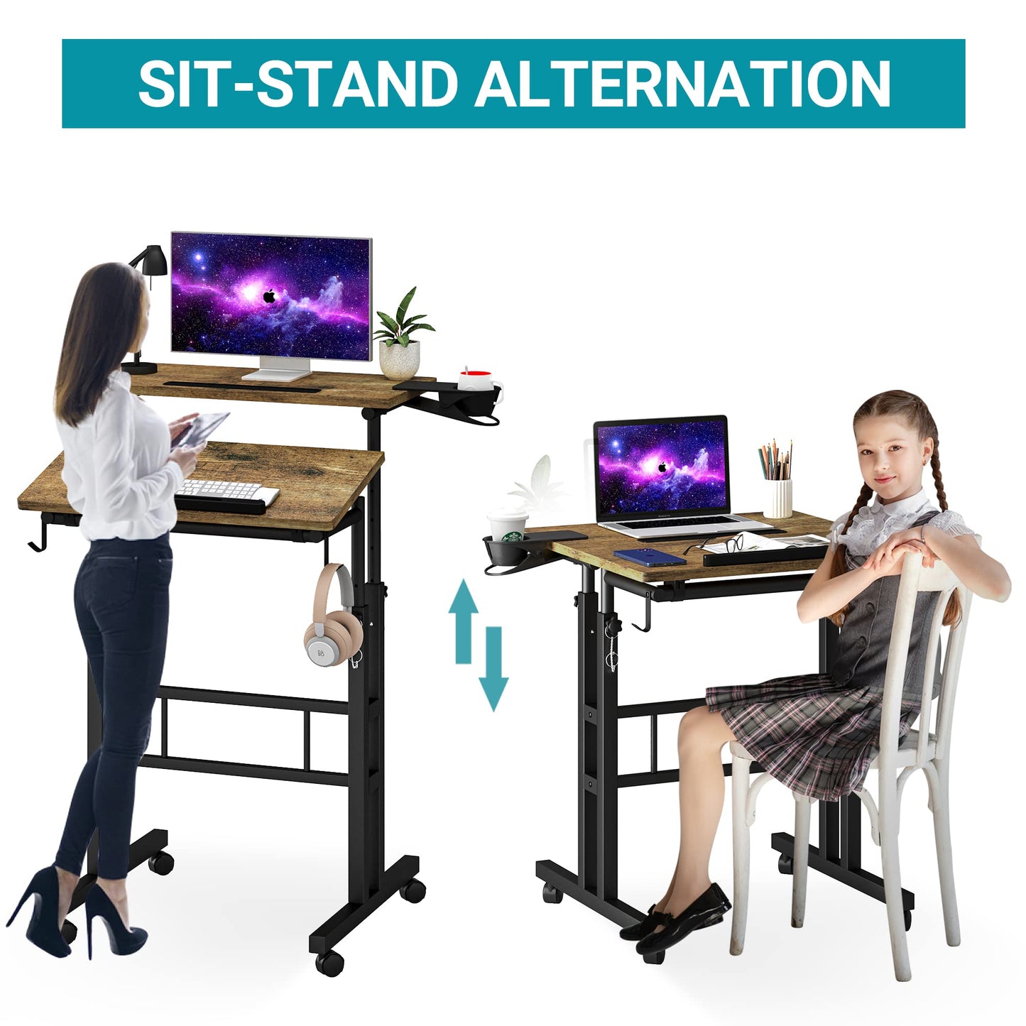 Klvied Small Standing Desk with Cup Holder, Height Adjustable Mobile Laptop Stand on Wheels, Ergonomic Rolling Computer Workstation for Home Office, Portable Overbed Table for Couch & Bed, Oak