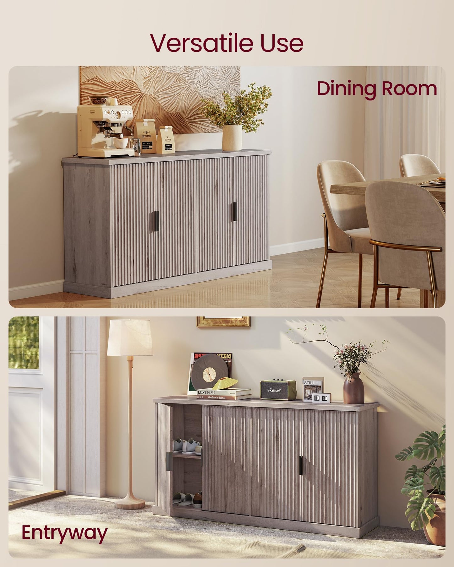 VASAGLE MAXE Collection - Buffet Cabinet, Fluted Console Cabinet, Sideboard with Adjustable Shelves, Mid Century Modern Buffet Table, 15.8 x 58.3 x 31.5 Inches, Washed Gray UBBK382G01S