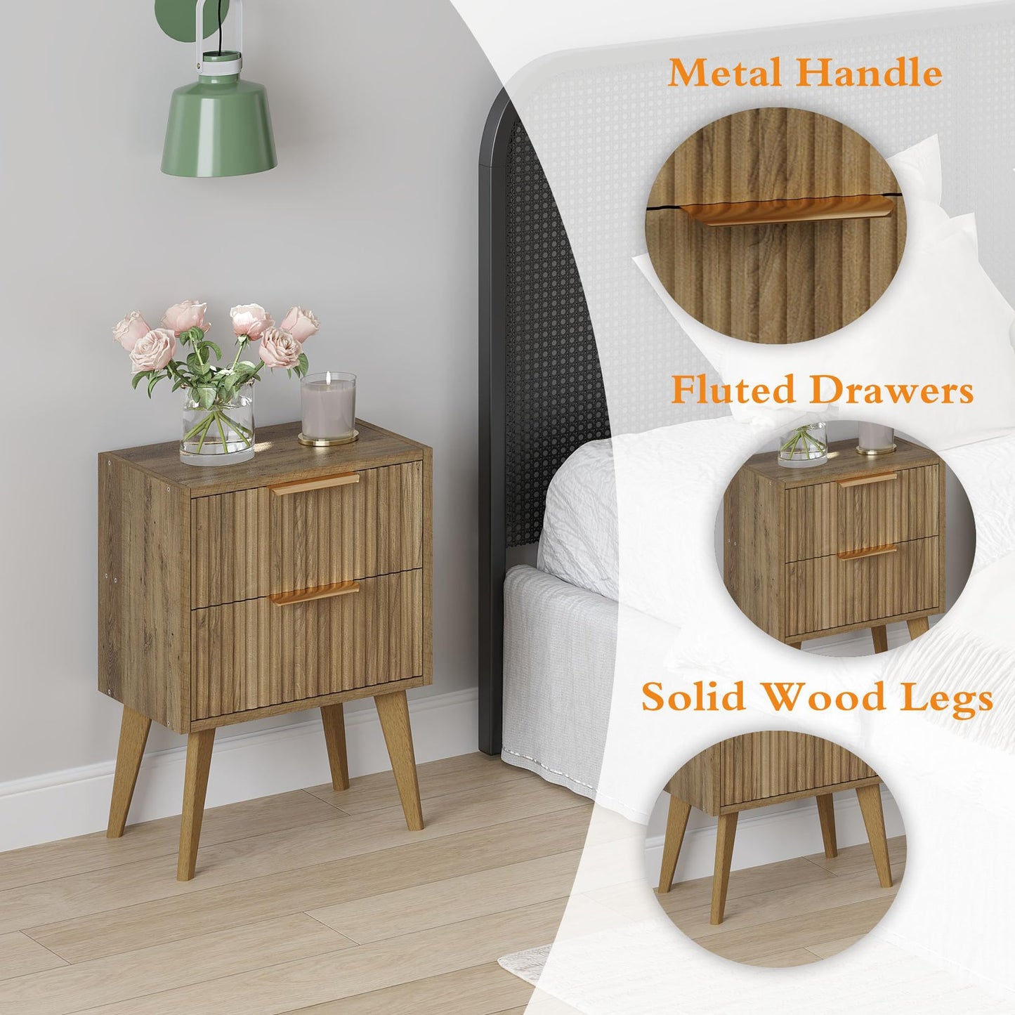 YAUKOMEL Mid Century Modern Nightstand,Small Bedside Table with 2 Drawers,Fluted Side Table,Walnut Brown End Table for Living Room,Bedroom,Small Space,Caramel Oak 11.8" D x 15.7" W x 22.8" H CTG55BR