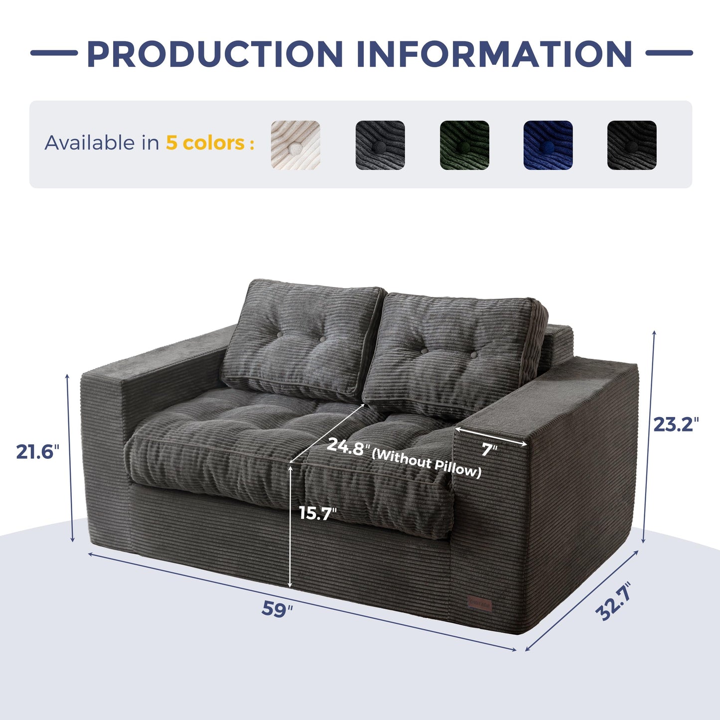 MAXYOYO Loveseat Sofa Couch, Upholstered Bean Bag Chair Cloud 2-Seat for Adults, Boneless Couch with Tufted Cushion & Pillows, Sofa in A Box, No Assembly Required, Dark Grey