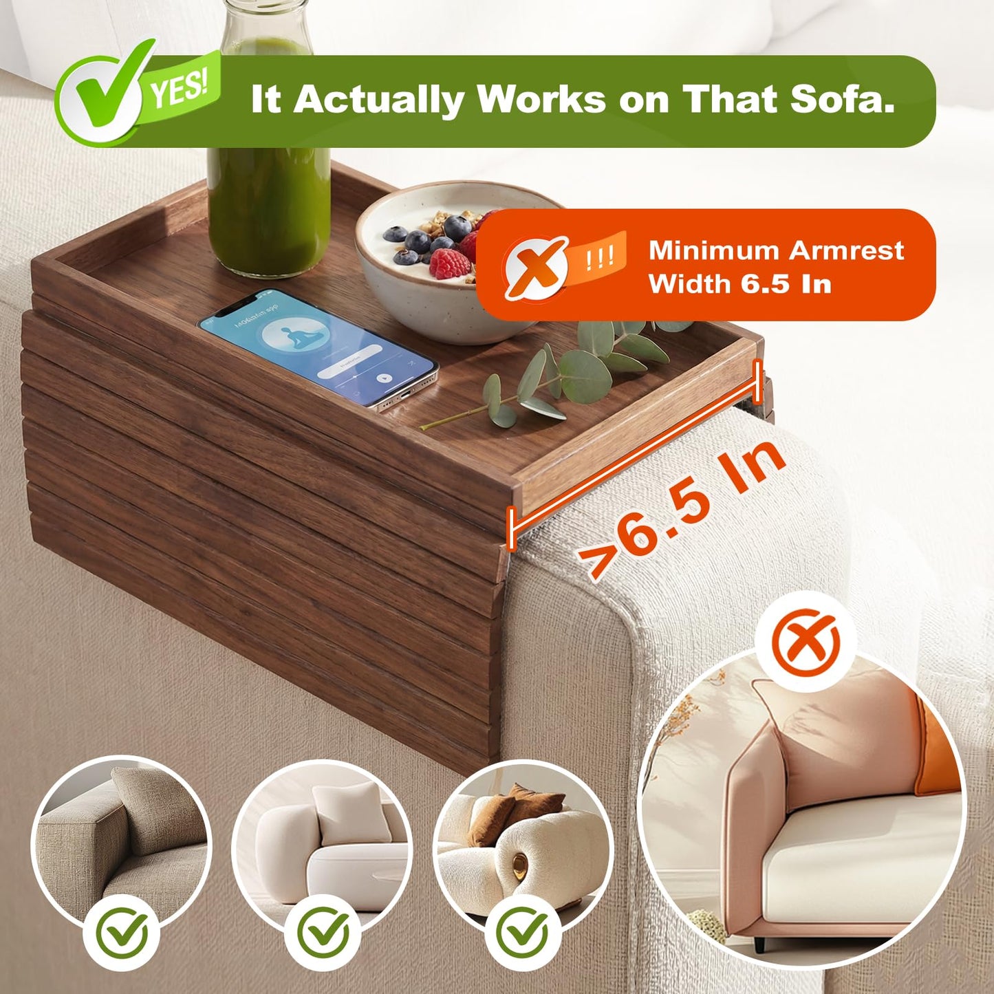 B-Zefyrn Sofa Arm Tray, Foldable Bamboo Couch Armrest Table with Large 12.5" x 5.8" Storage Compartment, Portable Chair Couch Caddy Arm Tray for Cup TV Snacks Phone