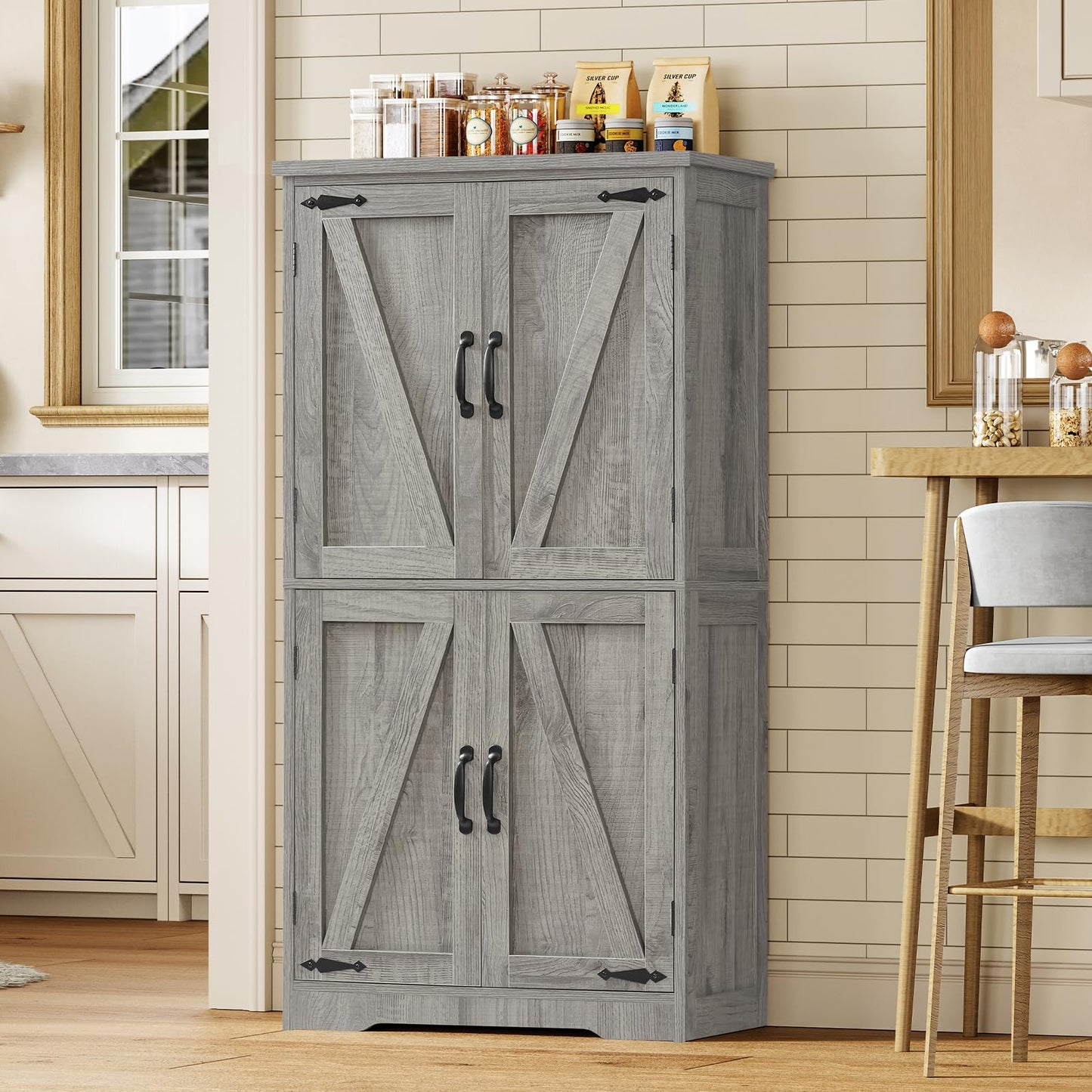 TEENFON Farmhouse Storage Cabinet with 2 Adjustable Shelves, Bathroom Cabinet with 4 Doors, Cupboard for Kitchen, Living Room, Rustic Gray