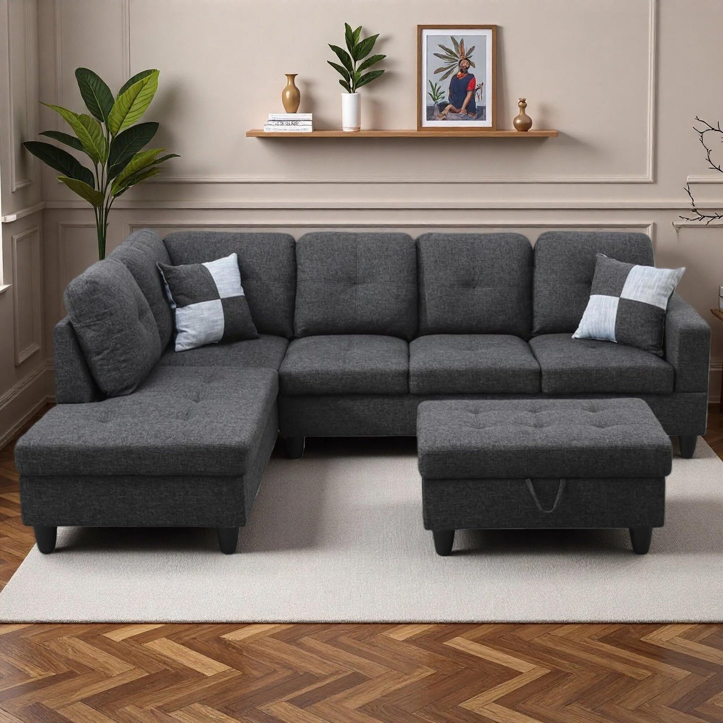 Trygoal 103.5" Sectional Couches for Living Room, Leather 4 Seat L Shaped Couch with Chaise, 3-Piece Modular Sofa with Storage Ottoman, Home Furniture Sets for Apartment Office, Black Grey