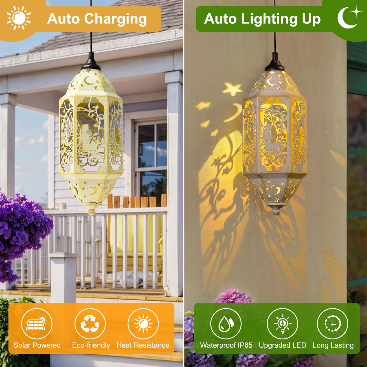 Big Outdoor Solar Lanterns Waterproof Garden Gifts for Women Mom Fairy Moon 12.4‘’ Metal Garden Lanterns Hanging Light for Patio Backyard Decorations, Mothers Day Birthday Gifts (Gold White,2Pack)