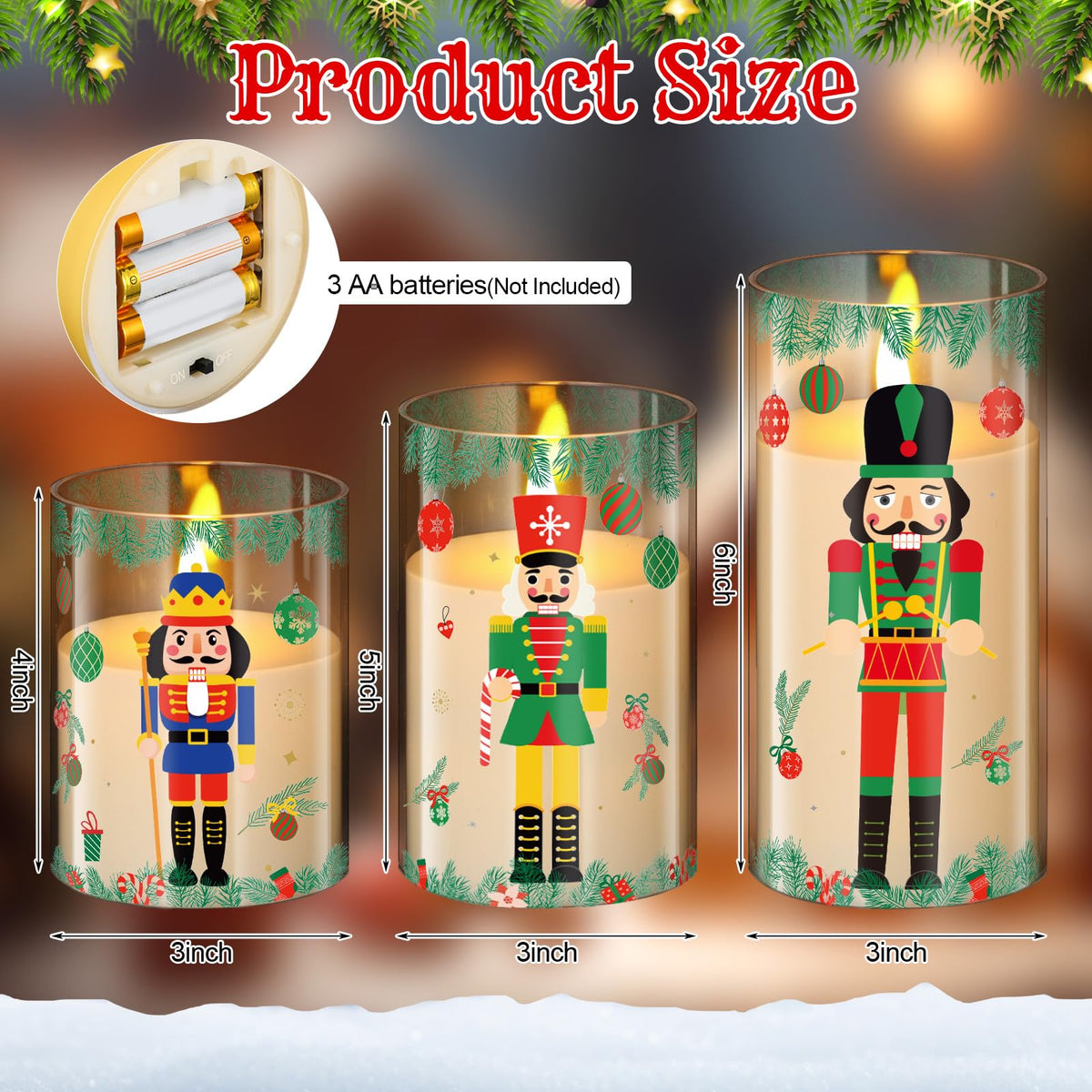 Blosssound 3 Pack Christmas Flameless Candles Battery Operated Xmas Nutcrackers Flameless Flickering Candles LED for Home Fireplace Winter Holiday Table Decorations Christmas Gifts