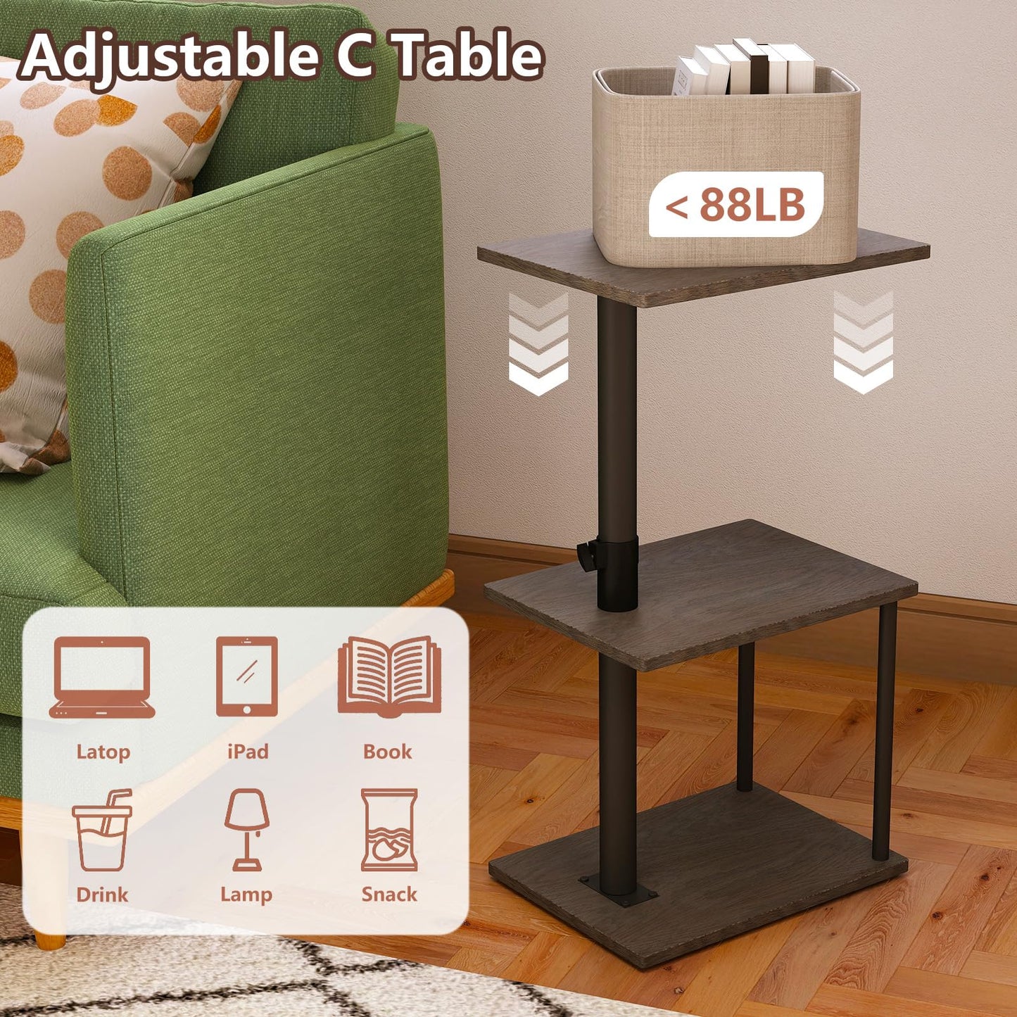Faesun Swivel Side Table for Couch Arm, Height Adjustable C Table for Recliner or Bed, Tv Trays with Storage Shelf for Small Spaces- Small Nightstand Table for Living Room, Bedroom