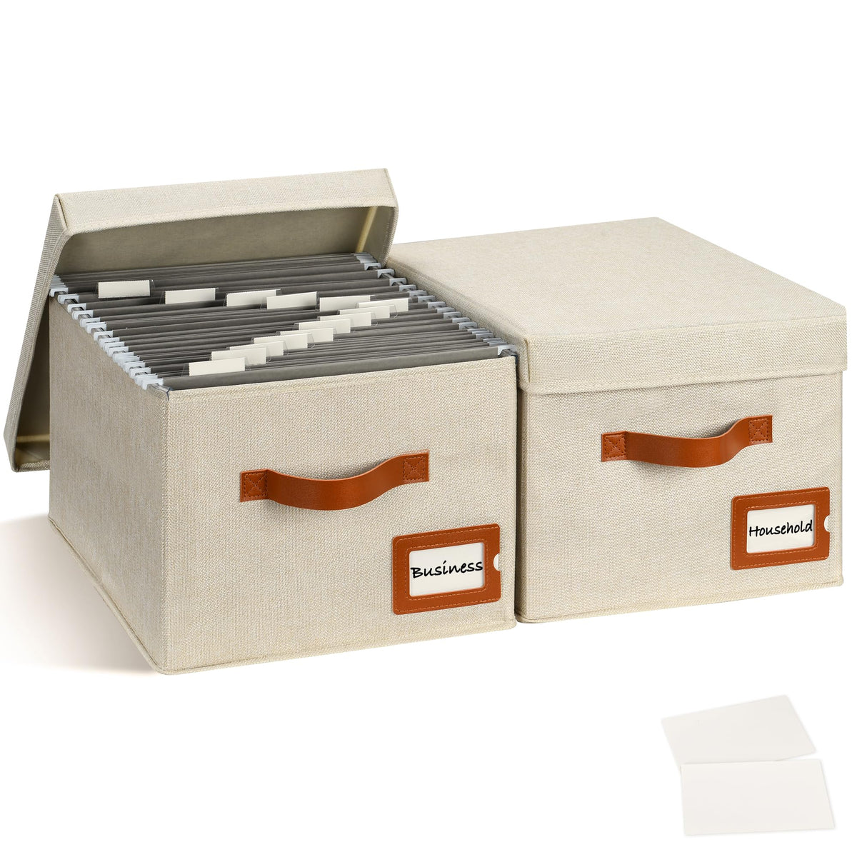Storage Standard 2-Pack File Organizer Box with Lid - Collapsible Hanging Linen Document Organizer Portable File Boxes, Lightweight & Portable Filing Box Crates with Handles & Extras, Ivory